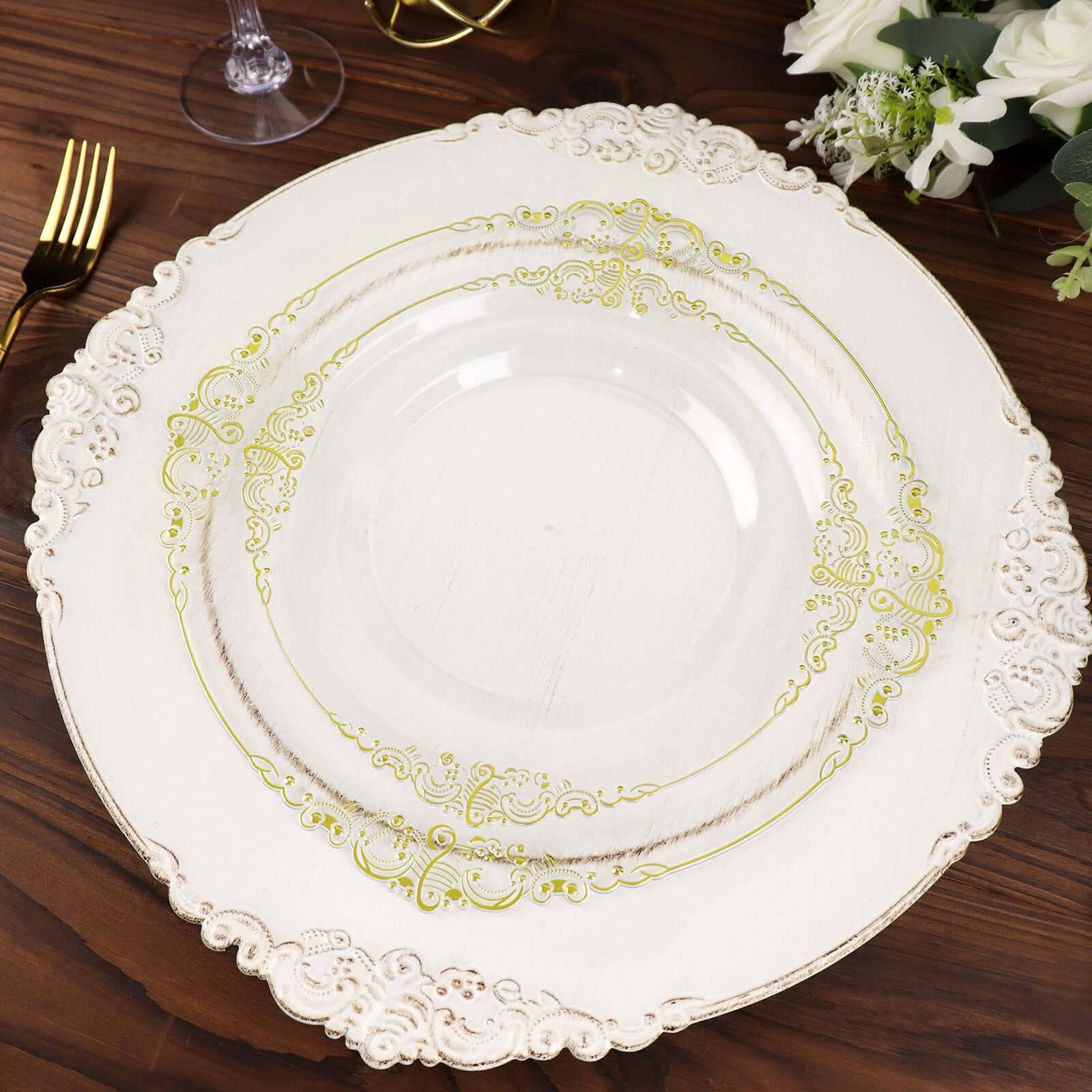 10-Pack Plastic 8 Round Dessert Plates in Clear with Gold Leaf Embossed Rim - Disposable Vintage Baroque Style Salad Plates