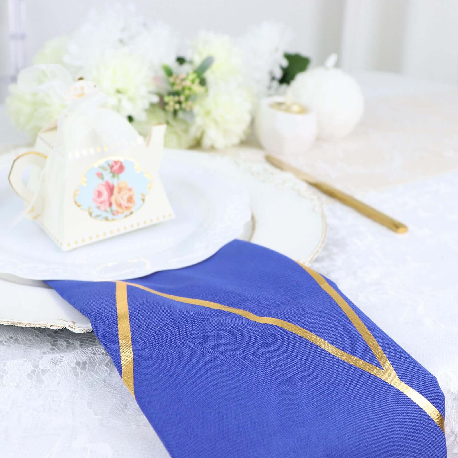 5 Pack Polyester 20x20 Napkins Royal Blue with Gold Geometric Foil Pattern - Modern Reusable Dinner Napkins