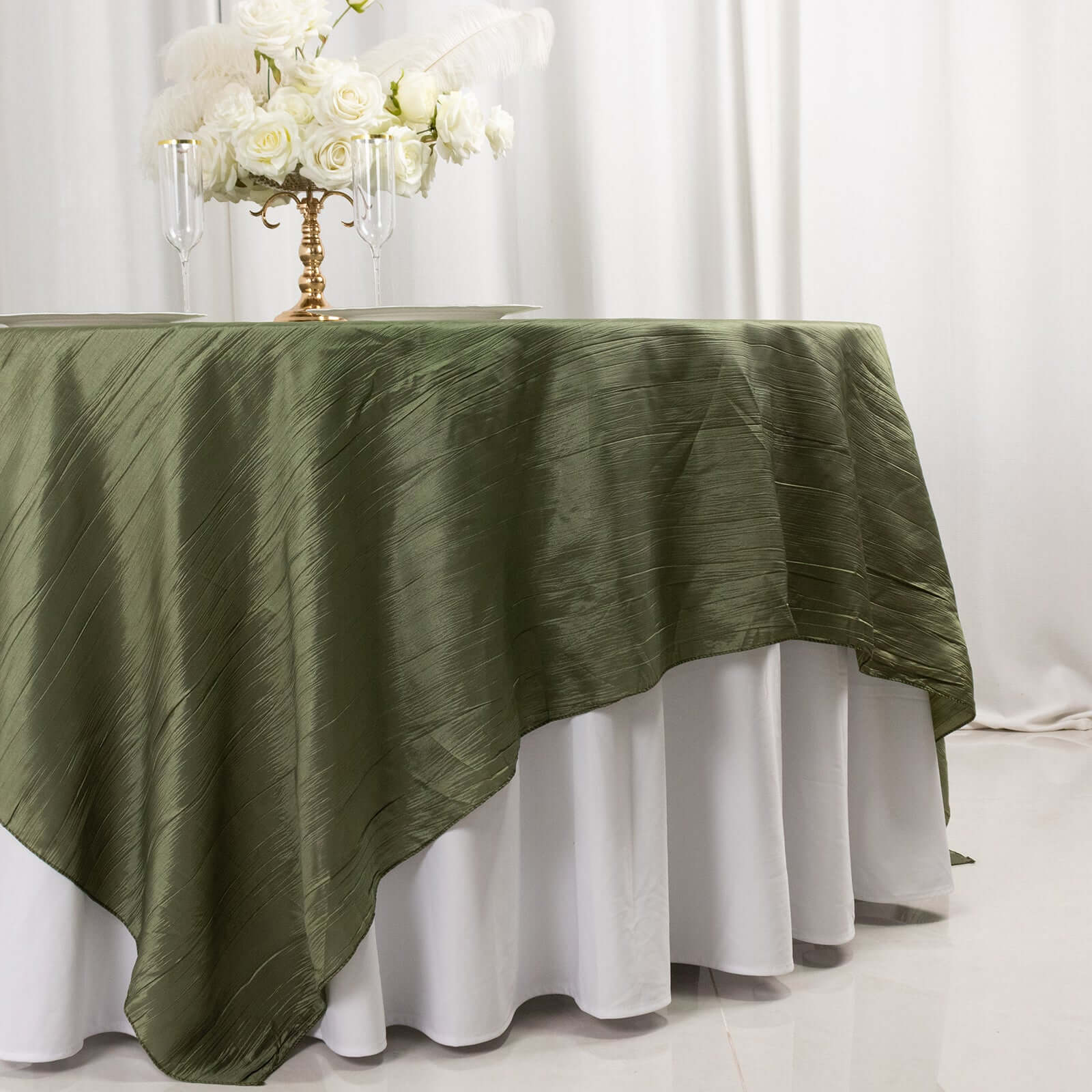 Taffeta 90x90 Table Overlay Square Tablecloth Dusty Sage Green - Accordion Crinkle Table Cover