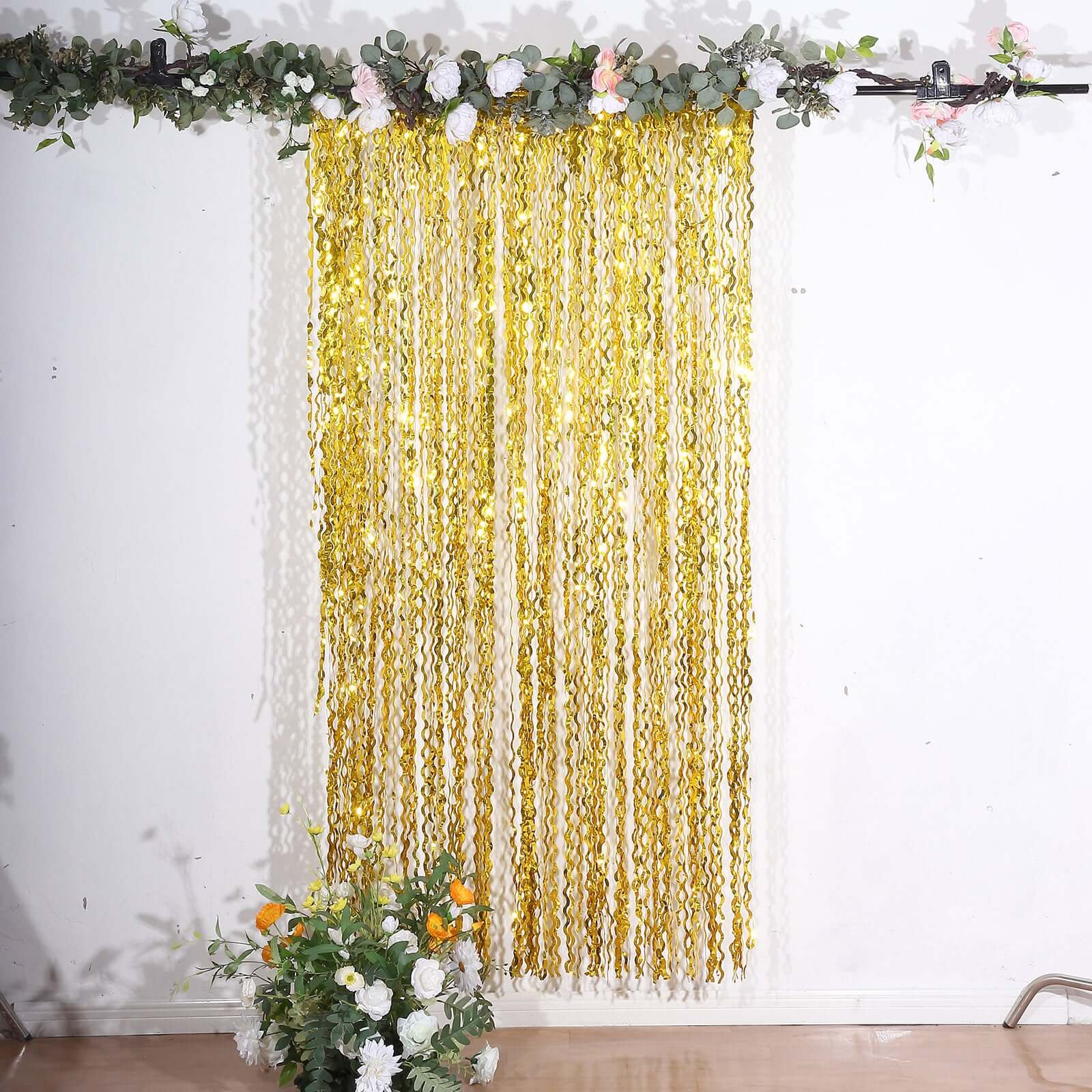 Metallic Gold Wavy Foil Fringe Party Backdrop, Curly Tinsel Streamer Photo Booth Curtain - 3ftx6ft