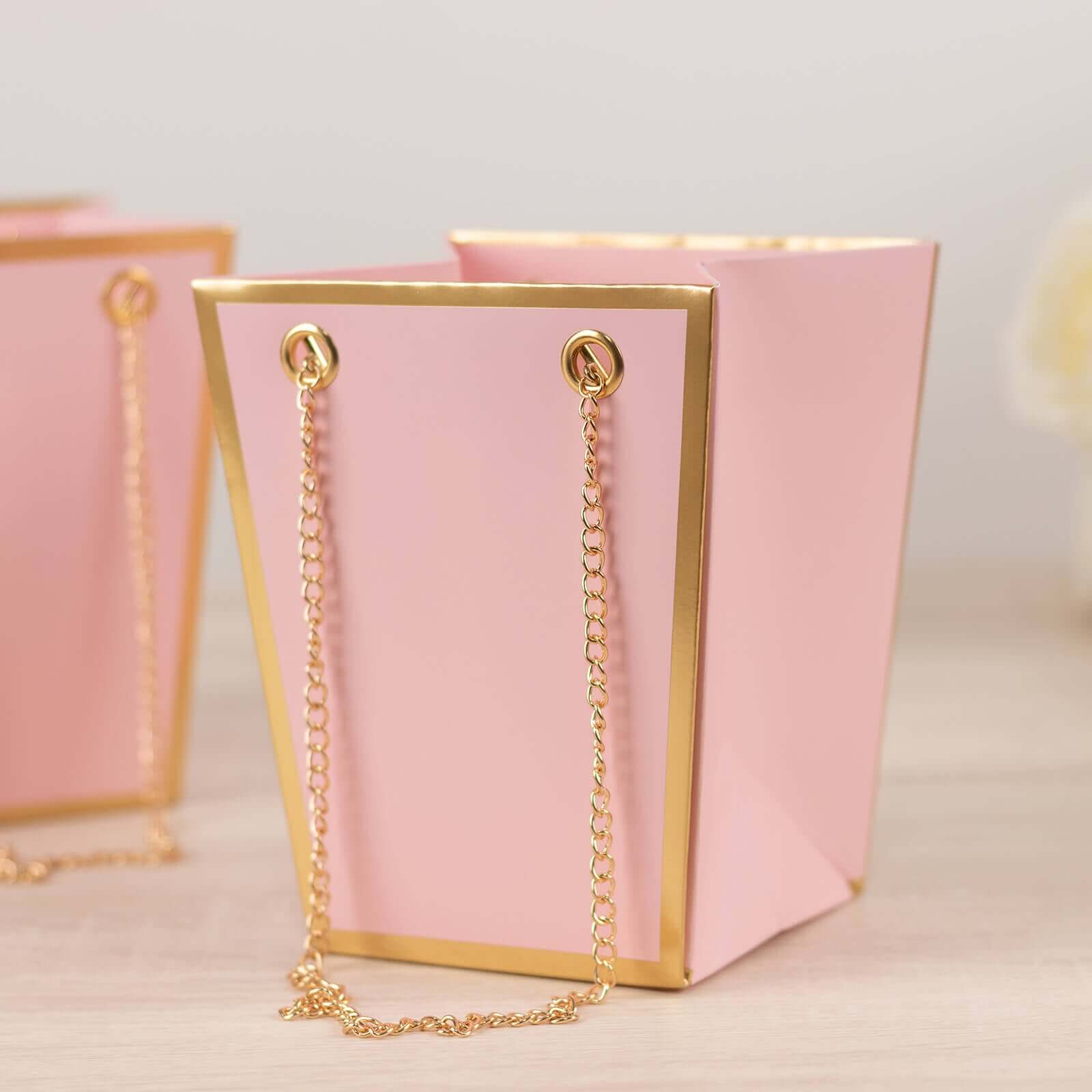 6 Pack Pink Gold Edge Paper Flower Gift Bags With Metal Chain Handles, Trapezoid Party Favor Tote Bags - 5x6