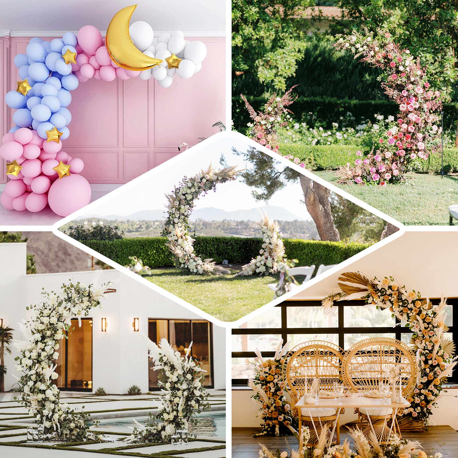 6.5ft Gold Metal Half Crescent Moon Wedding Arbor Frame, Curved Design Arch Flower Balloon Stand