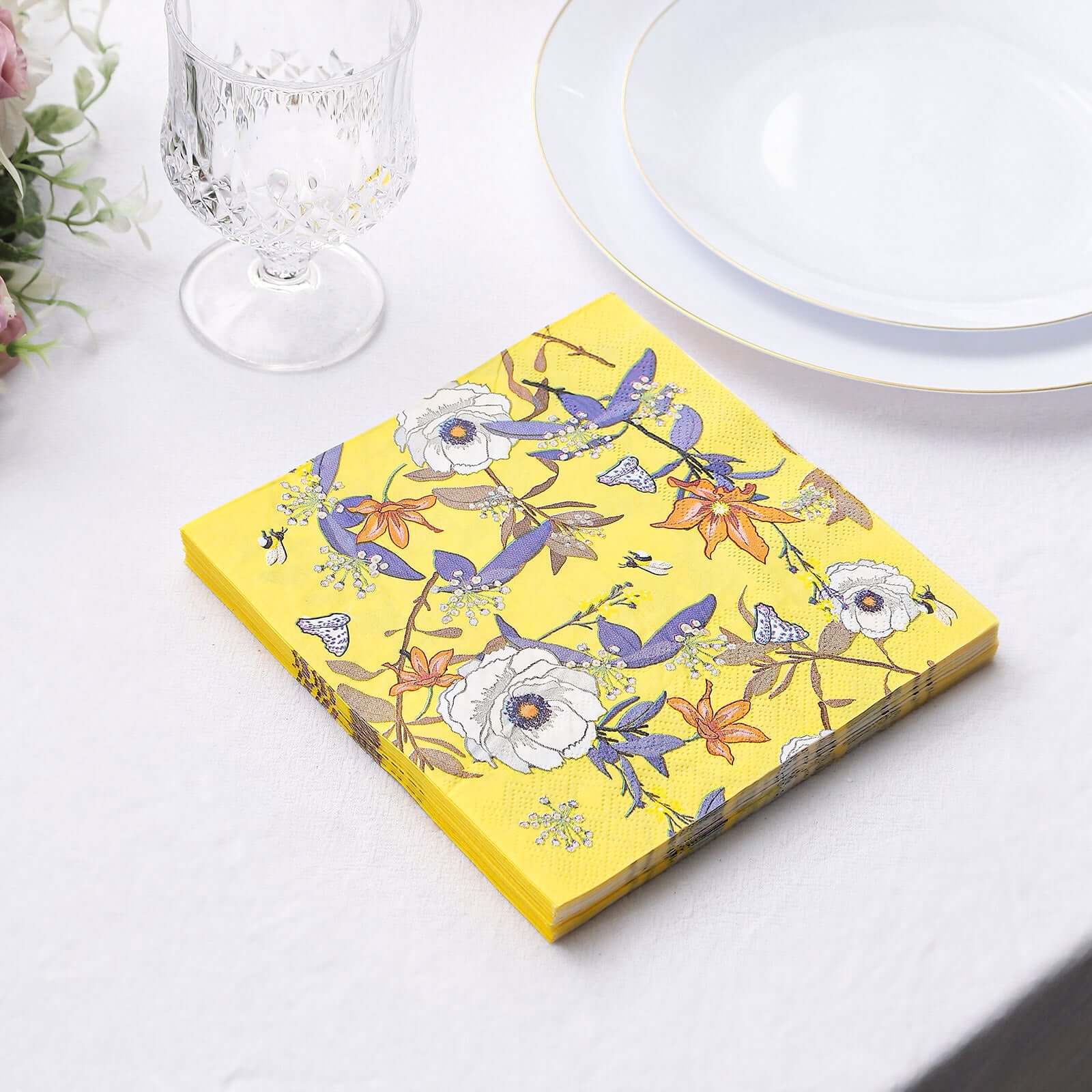 50-Pack Paper Beverage Napkins with Blooming Flowers Design Yellow - 2 Ply Soft 18GSM Floral Wedding Napkins 6.5x6.5