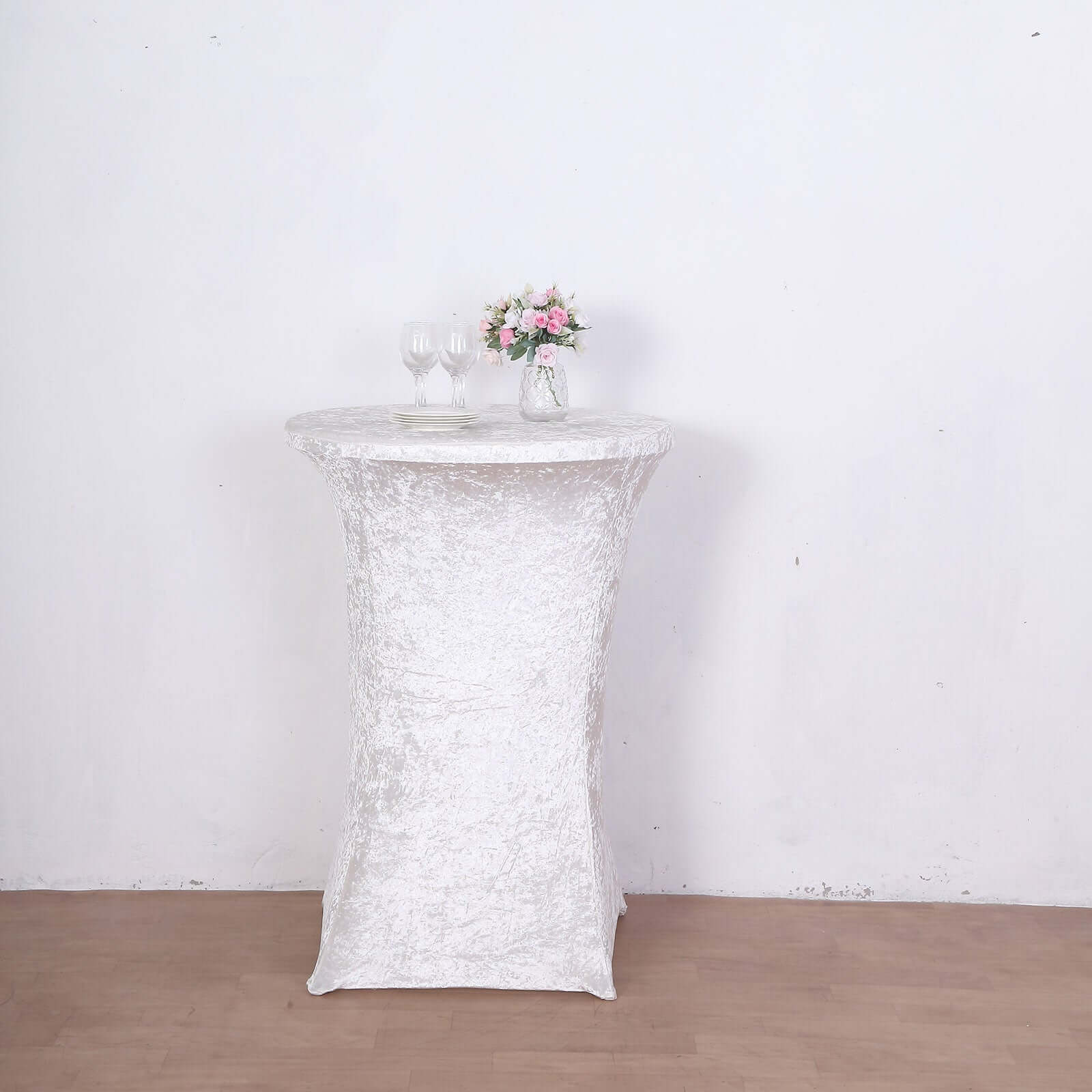 Crushed Velvet Spandex 32 Round Cocktail Table Cover White Highboy Tablecloth - Smooth & Polished Party Decor