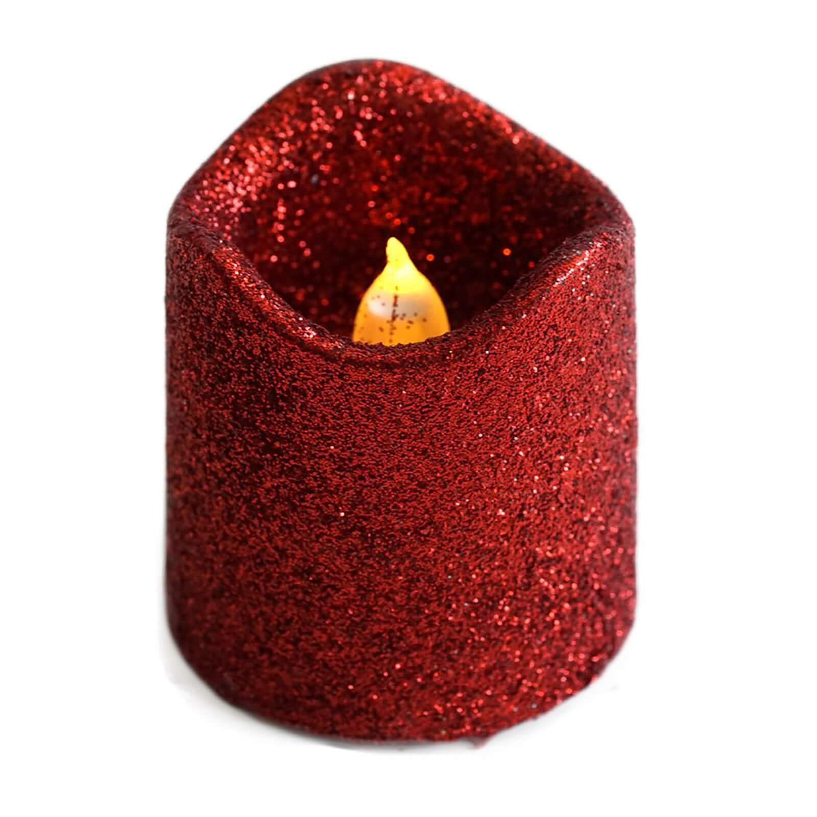 12-Pack LED Votive Candles Glittered Red Design - Reusable Flameless Battery Operated Lights