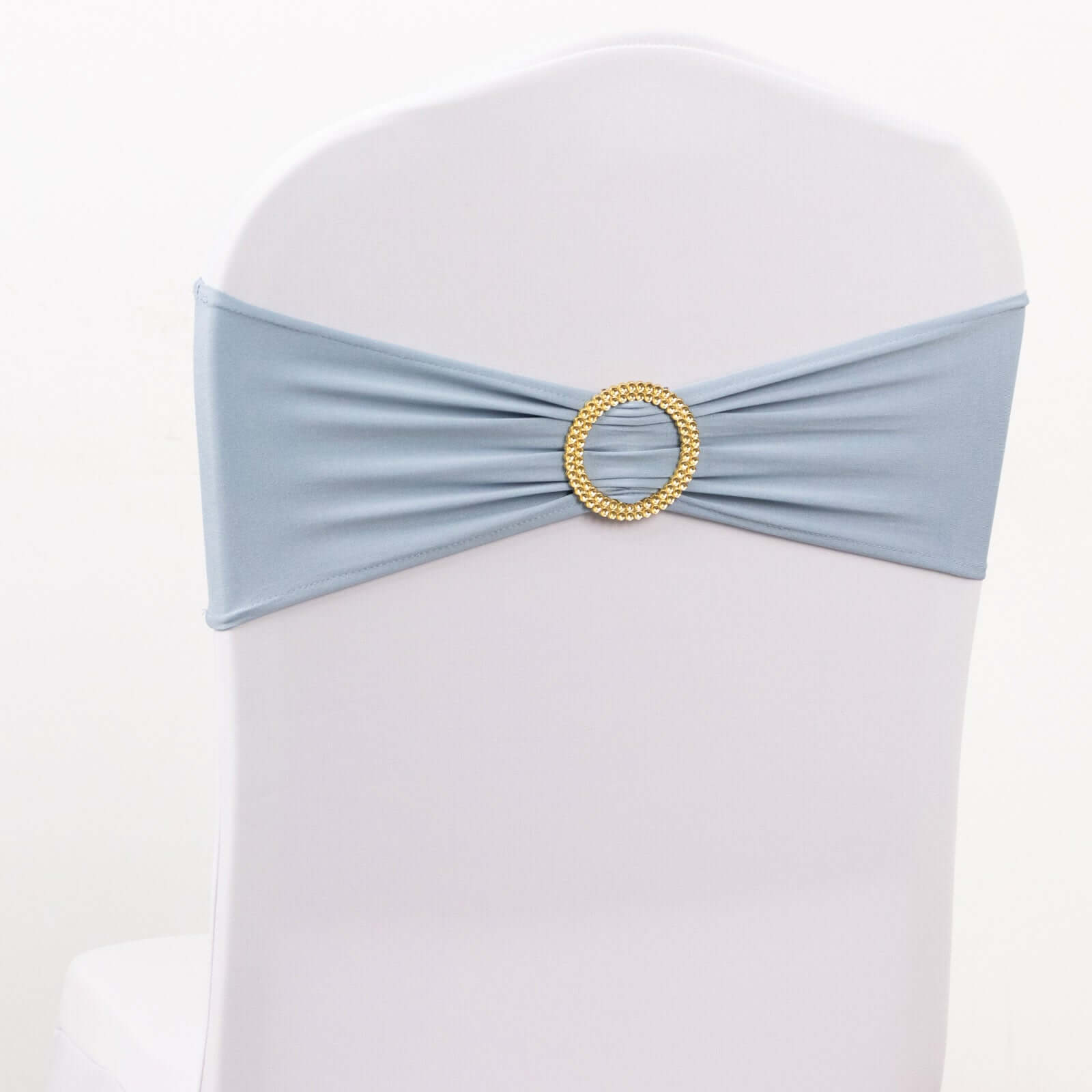 5 Pack Spandex Chair Sashes Dusty Blue with Gold Rhinestone Buckles - Reusable Four-Way Stretch Sash Bands 5x14