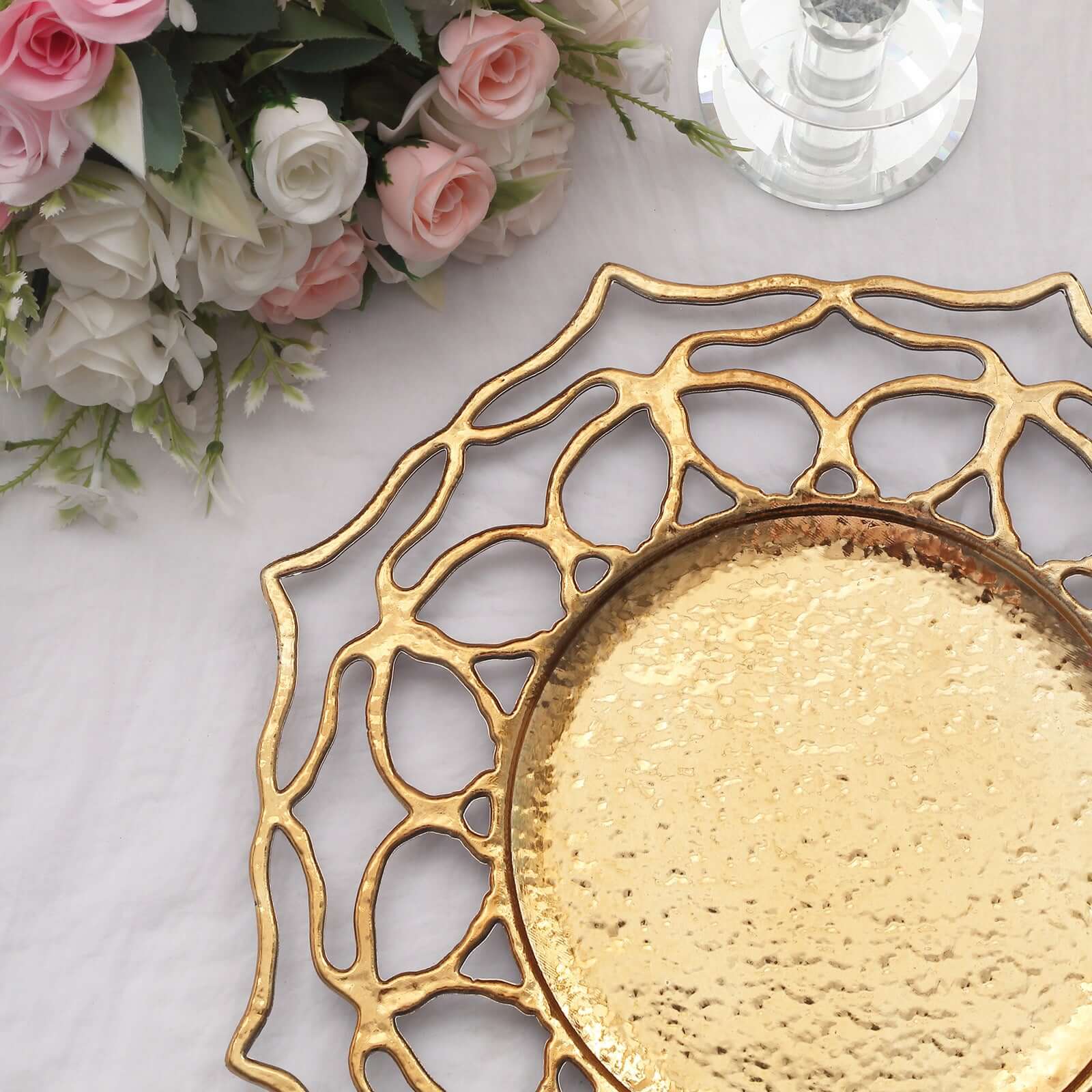 6-Pack Acrylic Round Charger Plates 13 in Gold with Floral Cutout Design, Hollow Flower Plastic Decorative Dinner Party Charger Tableware