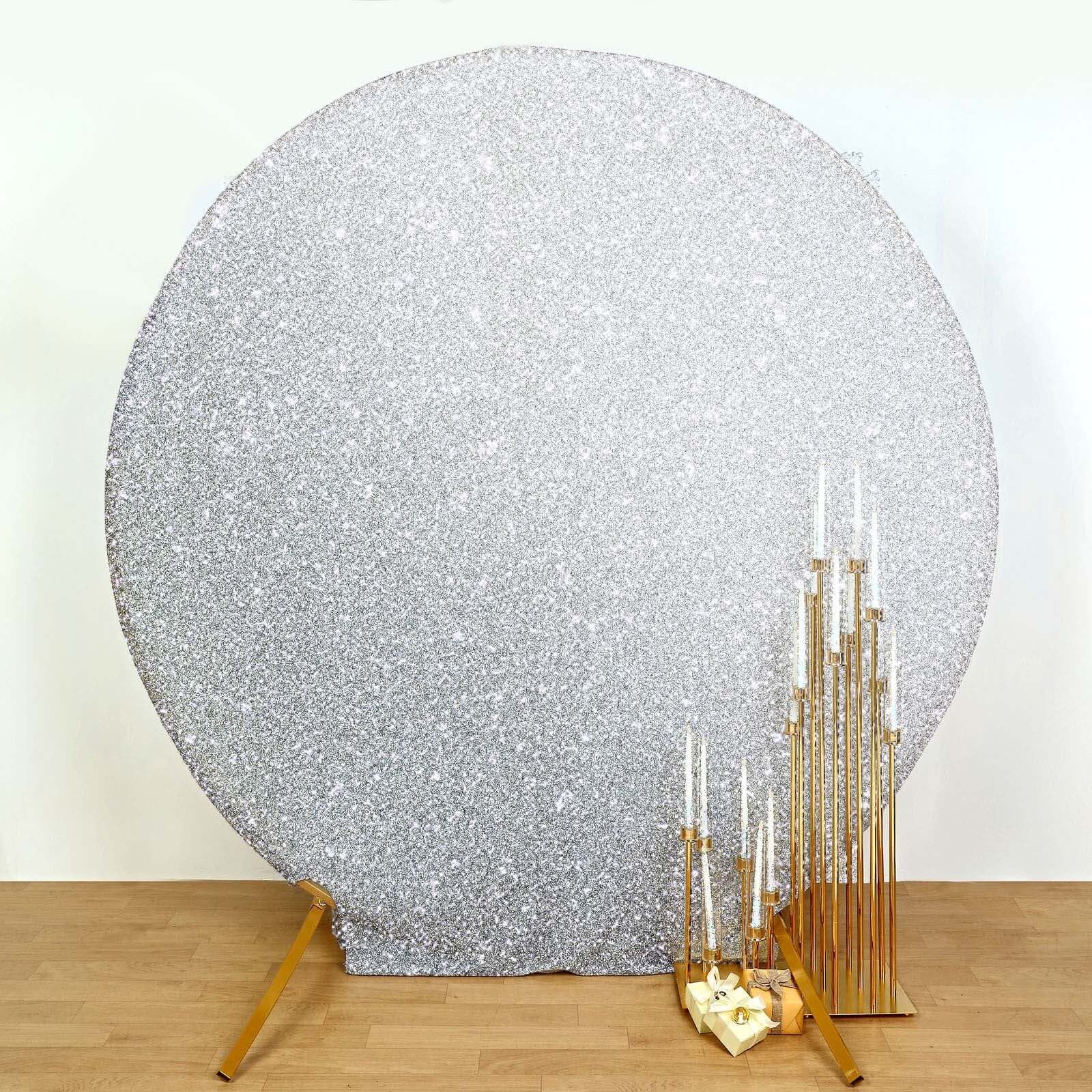 7.5ft Silver Metallic Shimmer Tinsel Spandex Round Wedding Arch Cover, 2-Sided Photo Backdrop