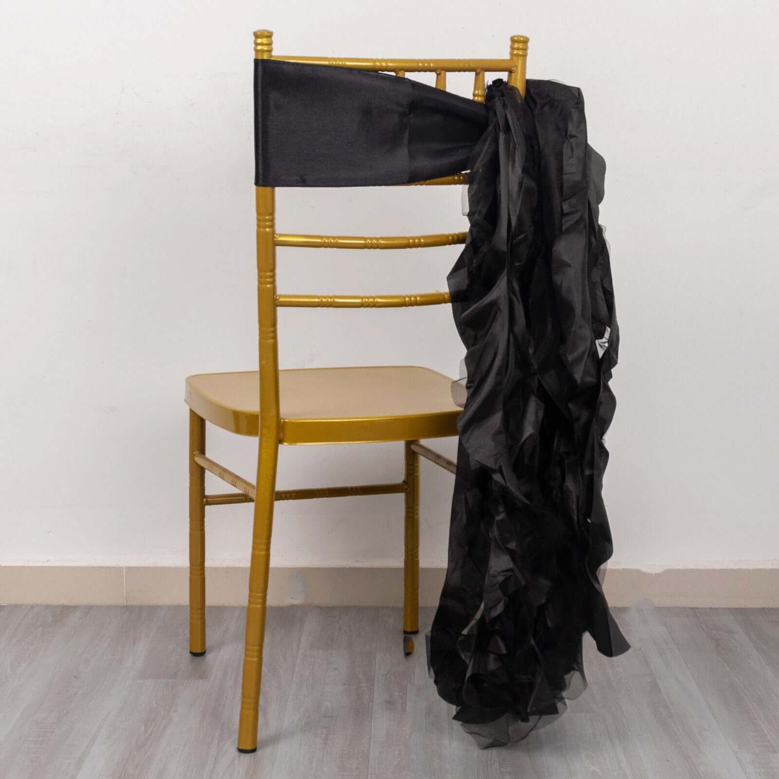 5 Pack Chiffon Satin Chair Sashes Black - Easy to Install Lustrous Ruffled Curly Willow Wedding Chair Decorations