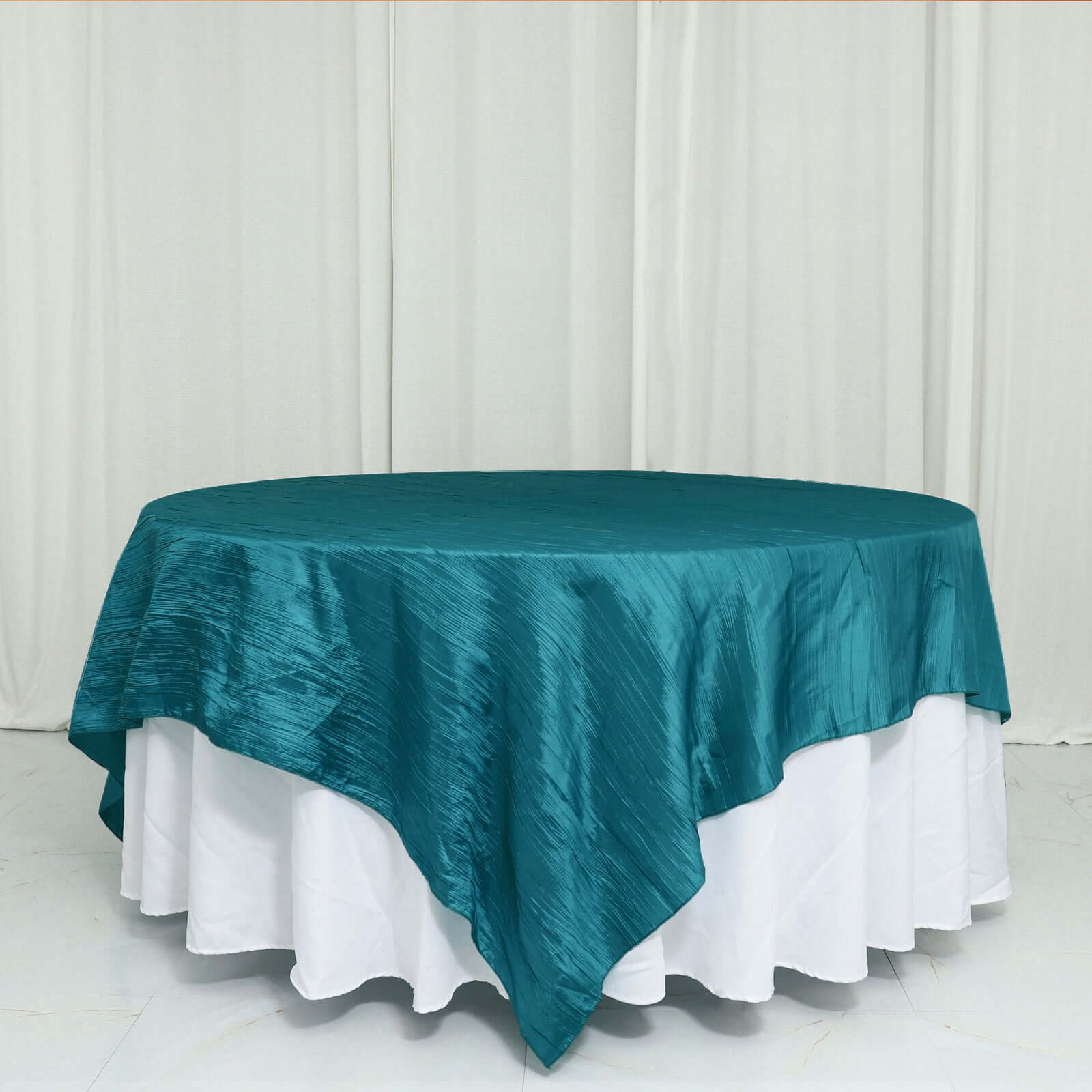 Taffeta 90x90 Table Overlay Square Tablecloth Peacock Teal - Accordion Crinkle Table Cover