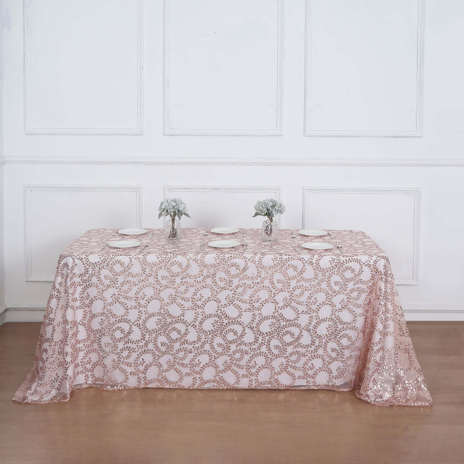 Tulle 90x156 Rectangle Tablecloth Rose Gold - Sequin Leaf Embroidered Table Cover