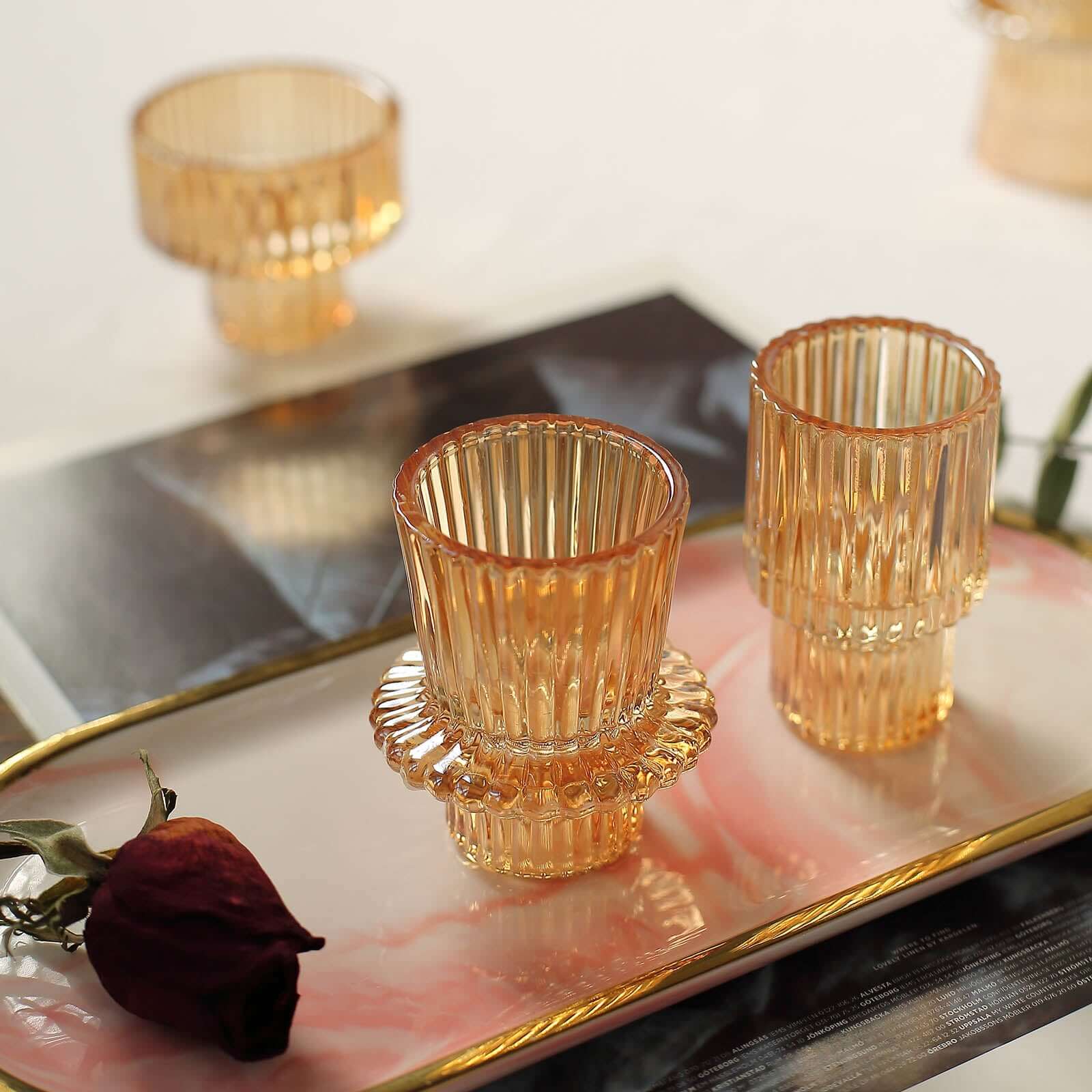 Set of 6 Glass Taper Candle Holders Ribbed Crystal Design Amber Gold - Reversible Mini Votive Tealight Stands 3