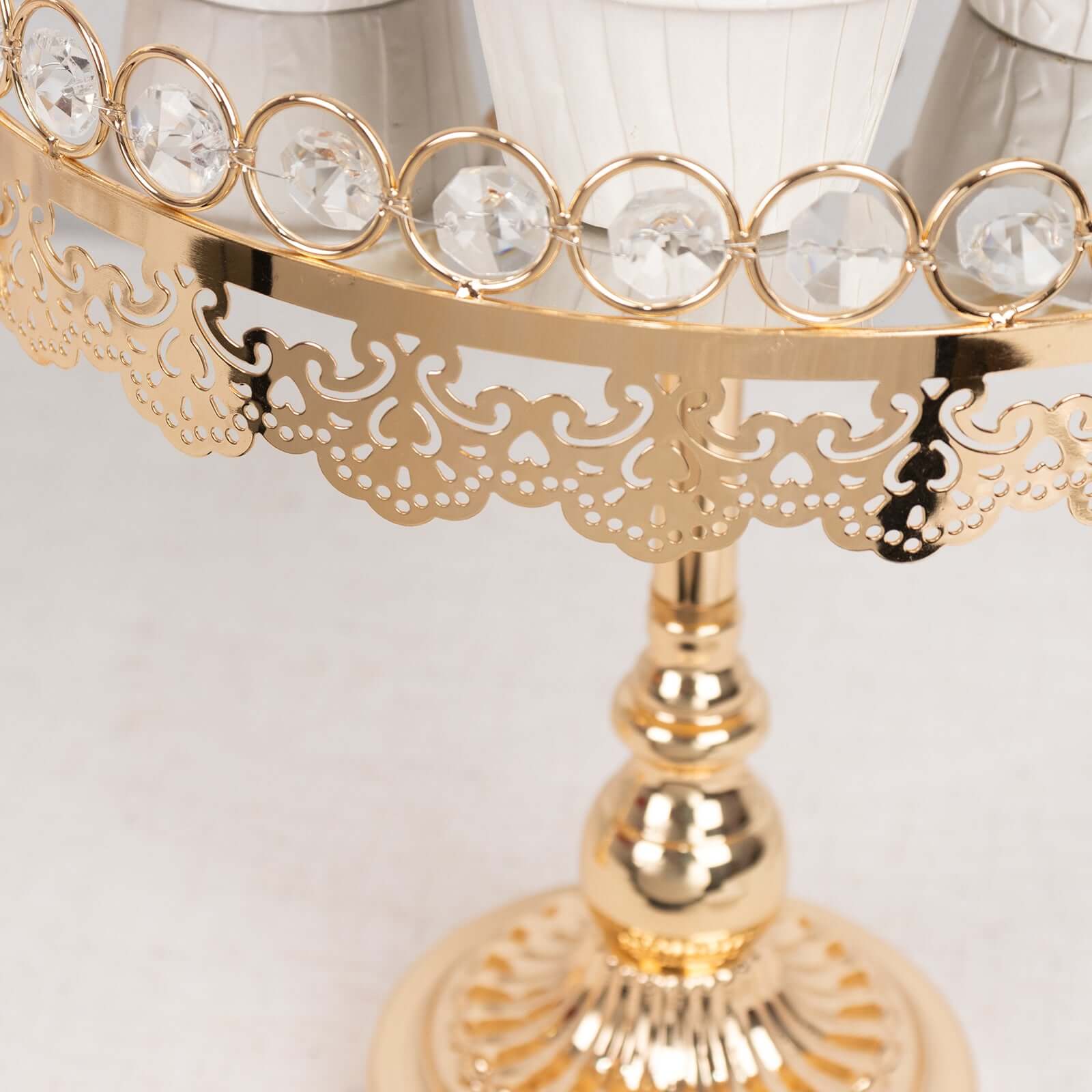 Set of 2 Pedestal Cake Stands Round Design with Mirror Top Gold - Crystal Beaded Cupcake Dessert Display Metal 11, 13