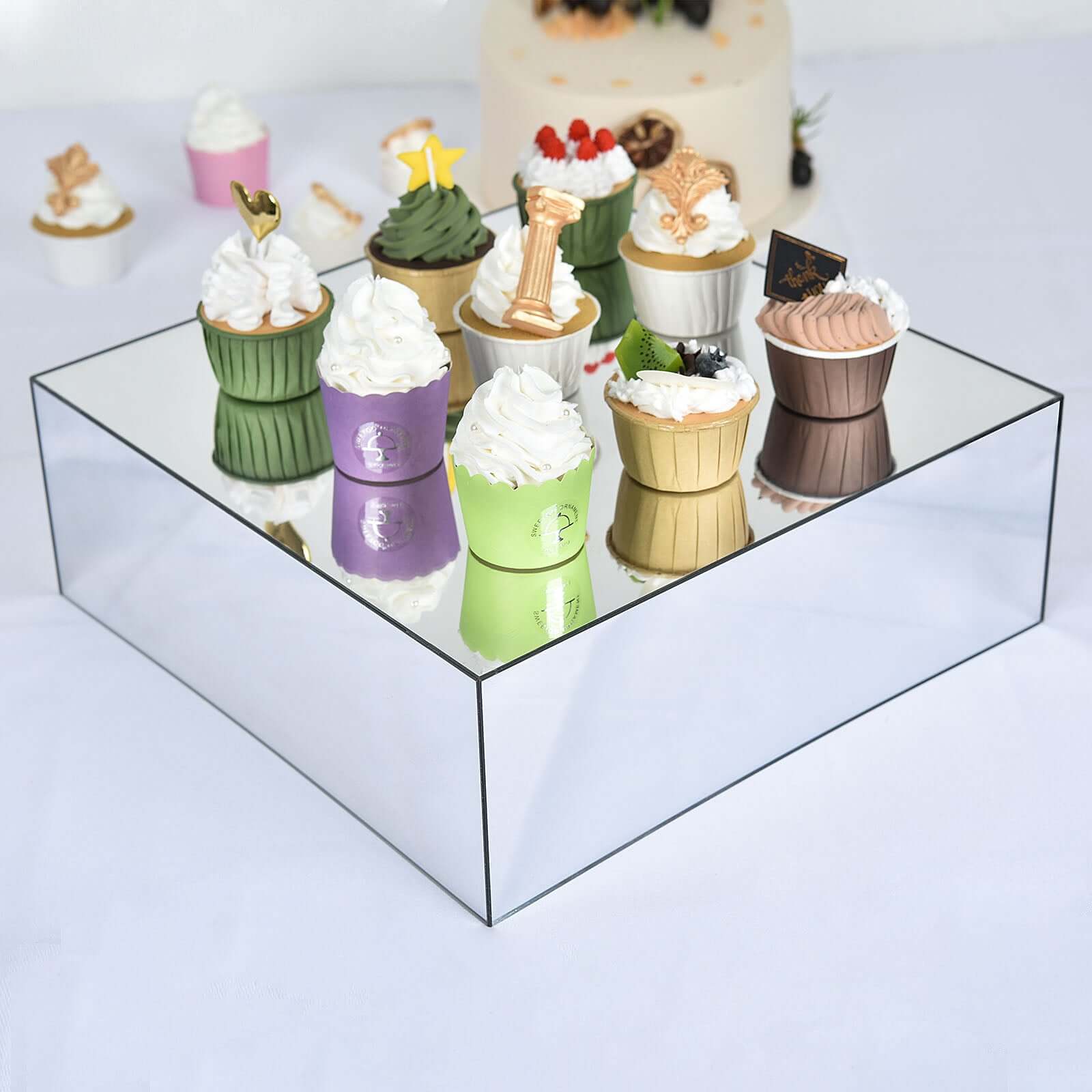 Acrylic Cake Box Stand Pedestal Riser Mirror Finish Silver - Display for Desserts and Events 14x14