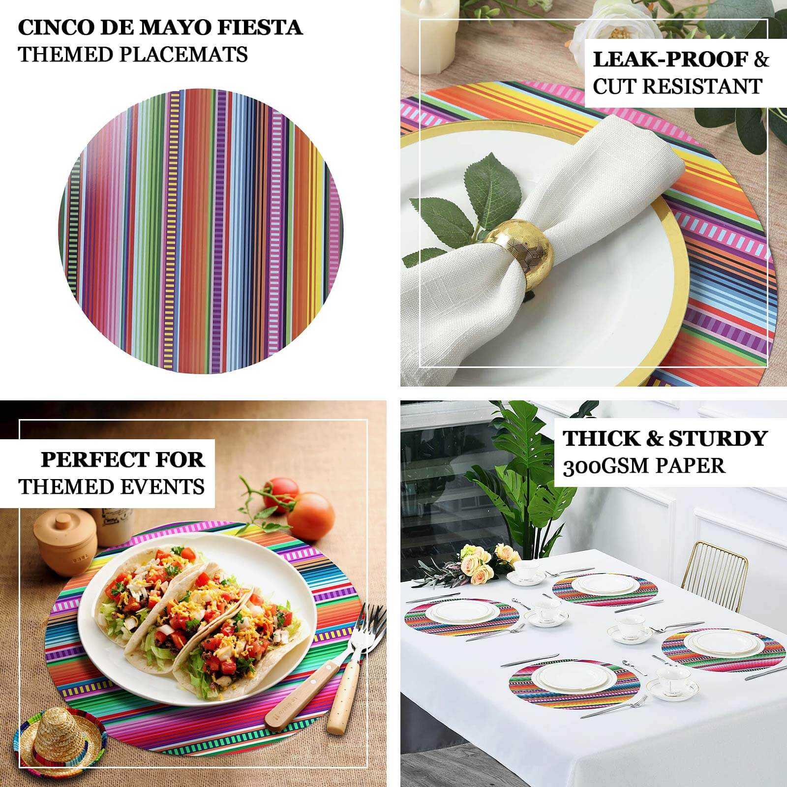 10-Pack Disposable Table Placemats with Multicolor Mexican Serape Fiesta Striped Print - 300GSM Festive Paper Placemats for Cinco de Mayo & Mexican-Themed Events 13