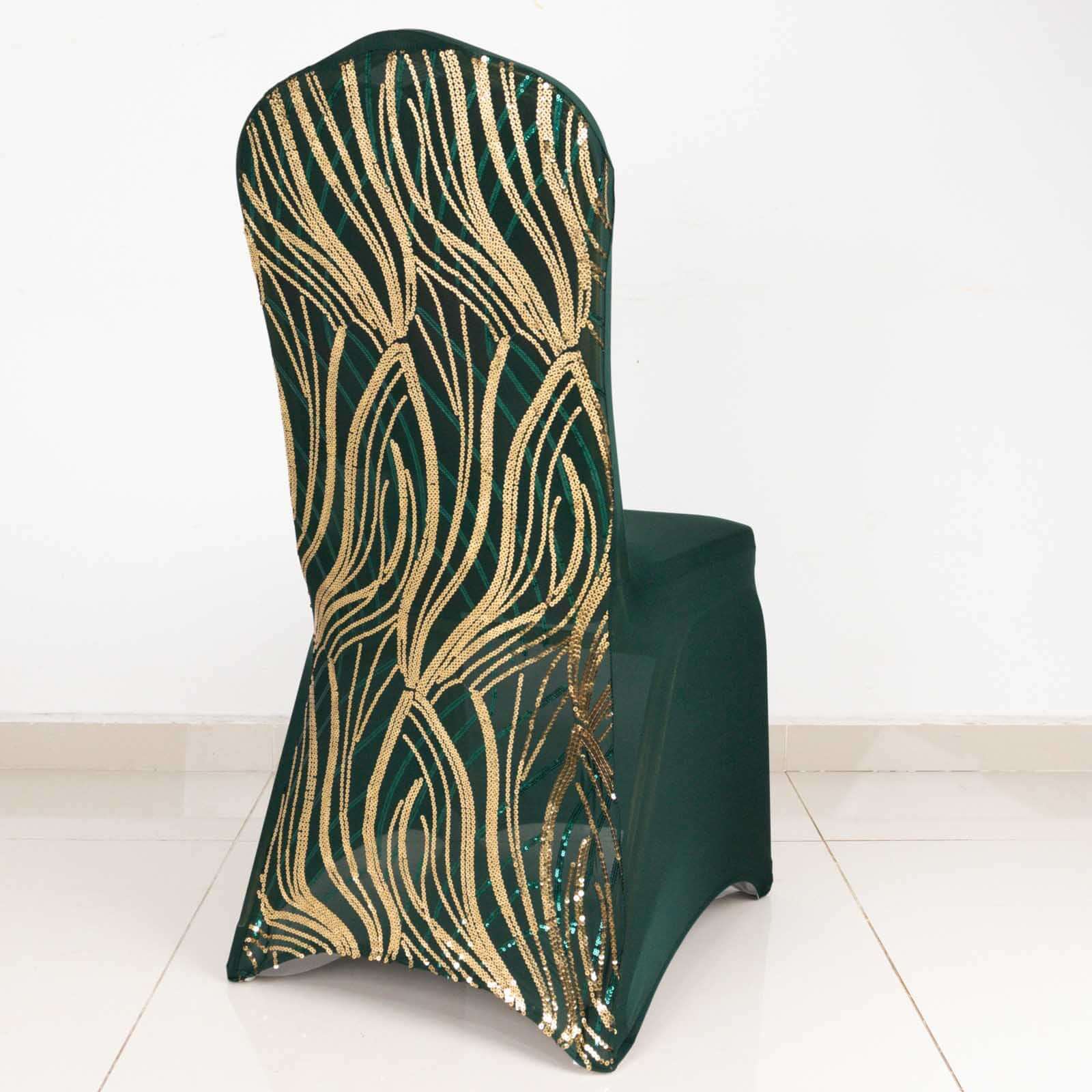 Spandex Chair Cover with Wave Embroidered Sequins for Banquet Chairs Hunter Emerald Green/Gold - Glittering Stretch Fitted Slipcover