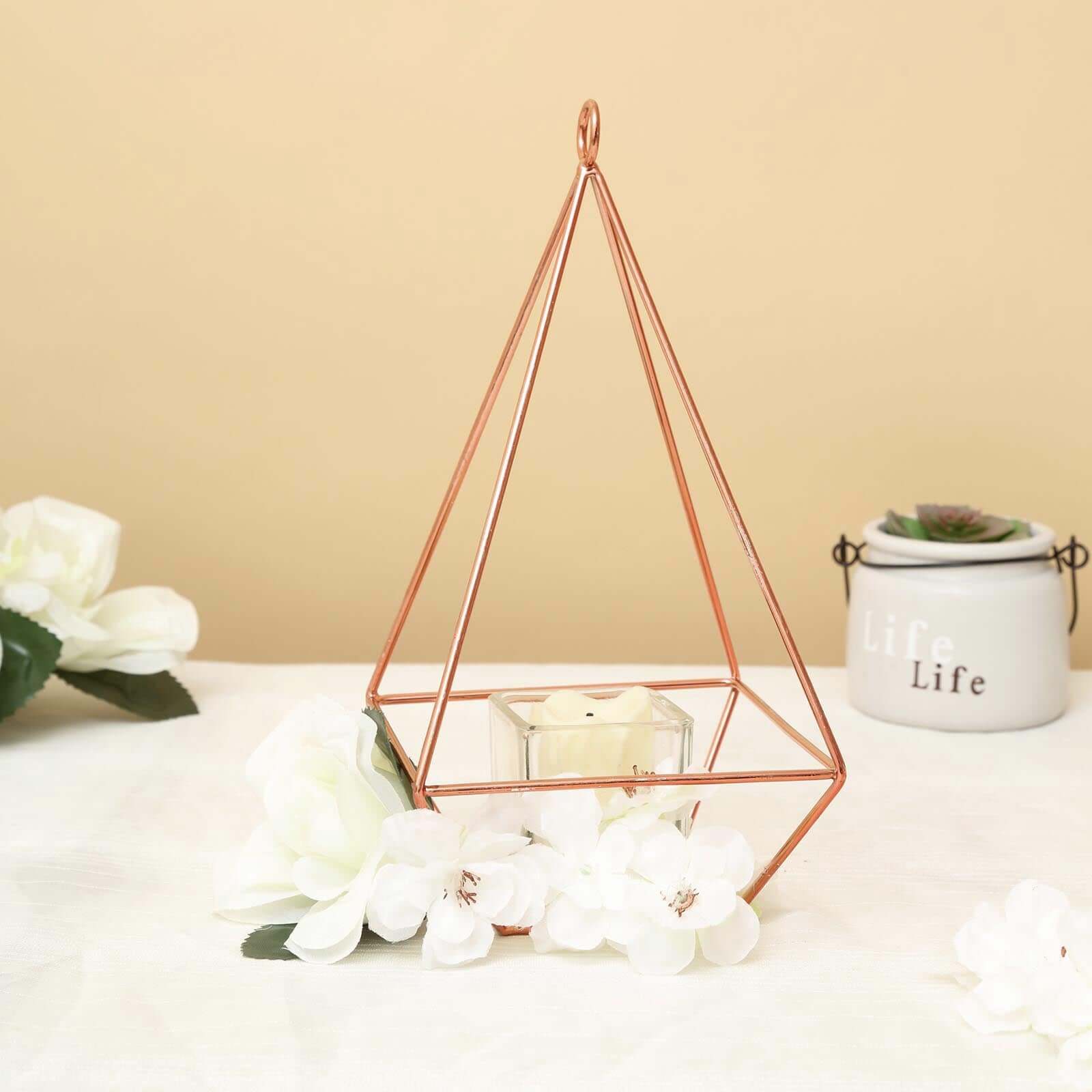 2-Pack Tealight Candle Holders Rose Gold Metal Pyramid Geometric Open Frame - Flower Stand 9