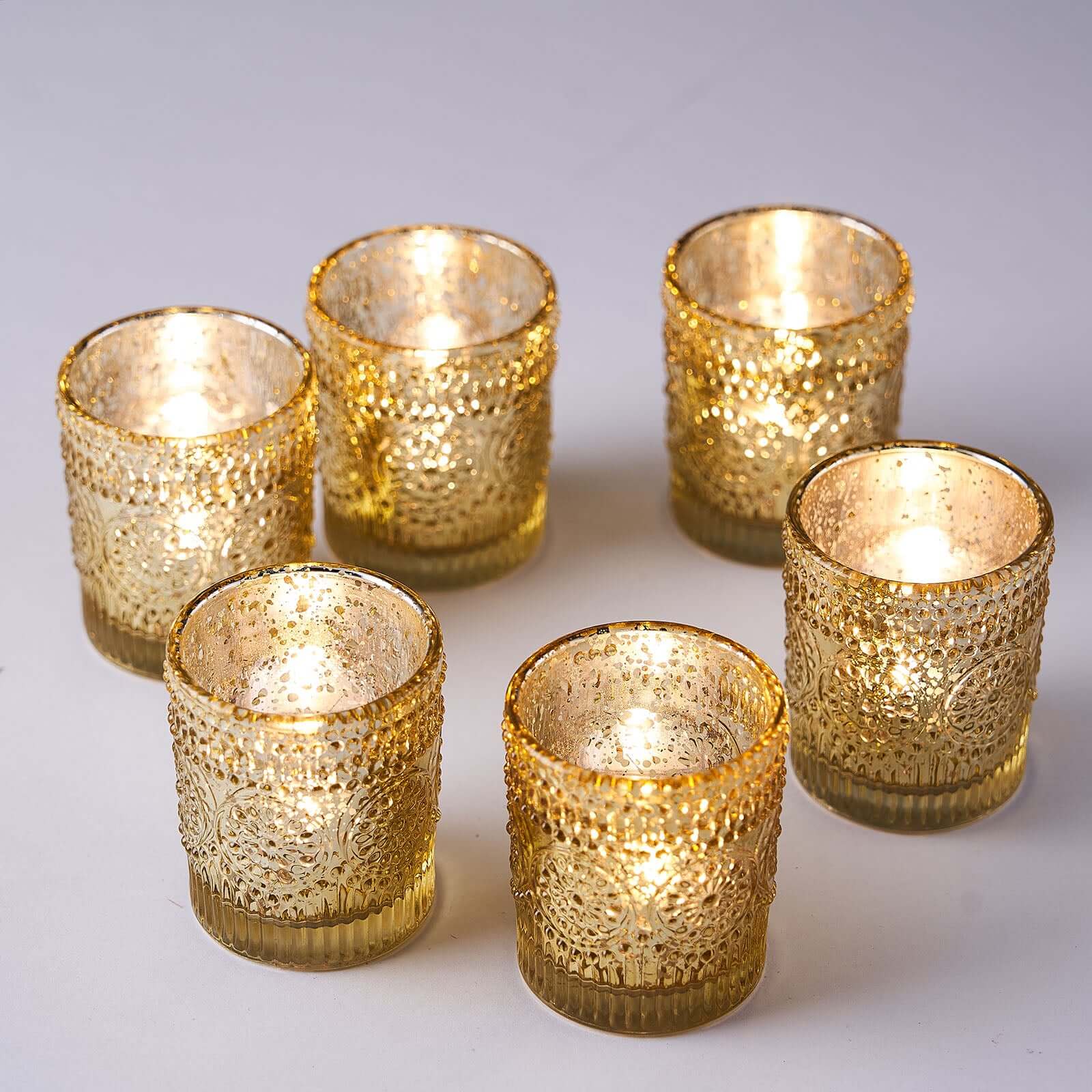 6-Pack Mercury Glass Candle Holders Gold Primrose Design - Votive Tealight Holders for Weddings