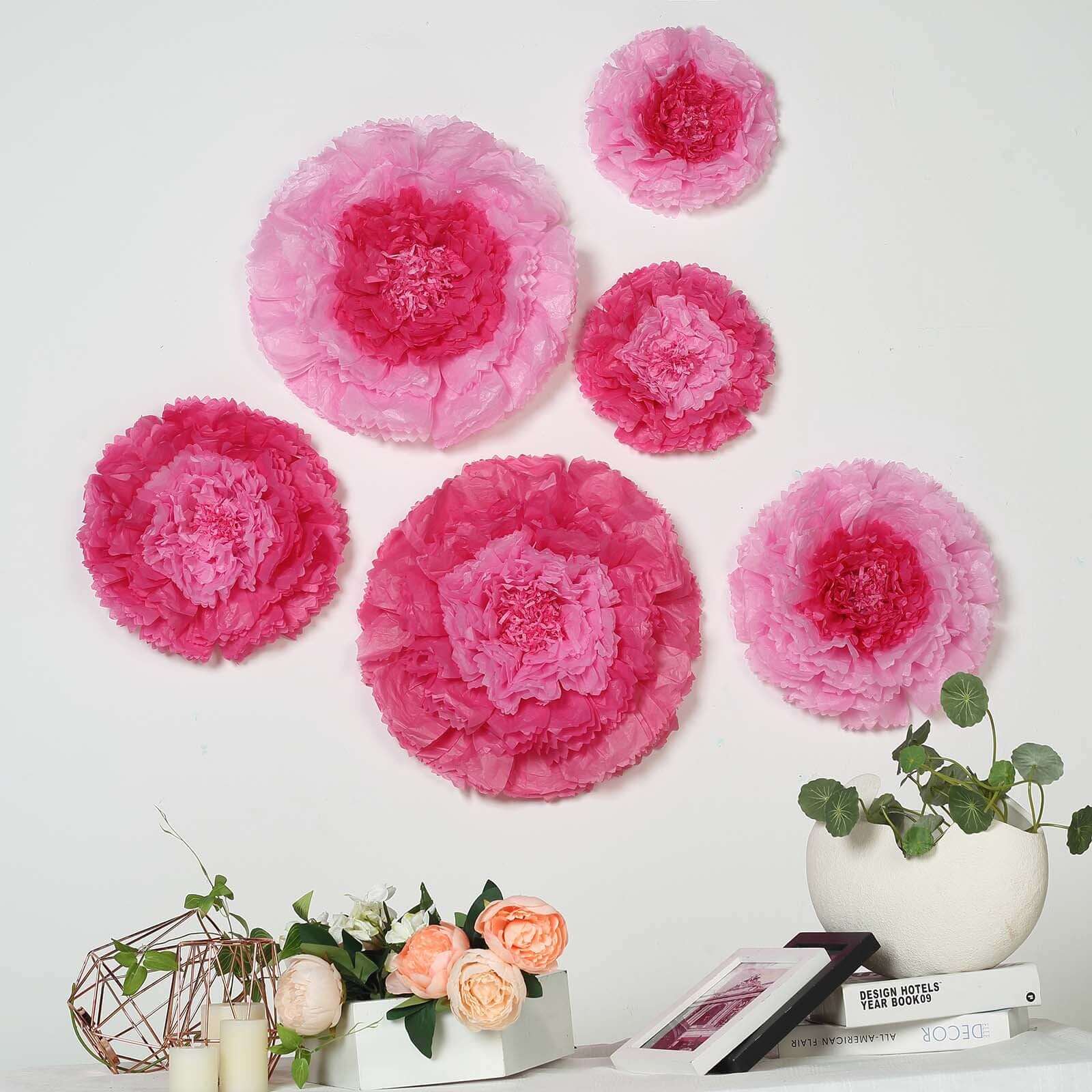 Set of 6 Pink Fuchsia Giant Carnation 3D Paper Flowers Wall Decor - 12,16,20