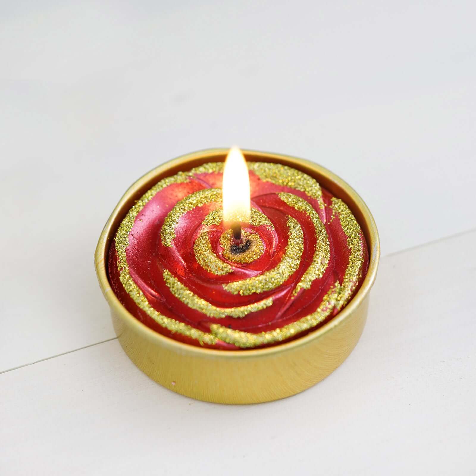 2-Pack Tealight Candles Red/Gold Glitter Rose Design - Unscented Dripless Wax for Romantic Decor