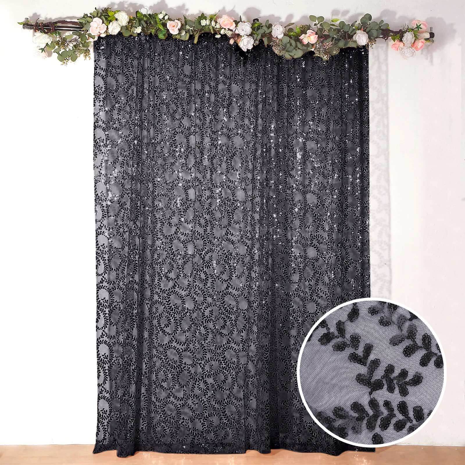 8ftx8ft Black Embroider Sequin Event Curtain Drapes, Sparkly Sheer Backdrop Event Panel With Embroidery Leaf