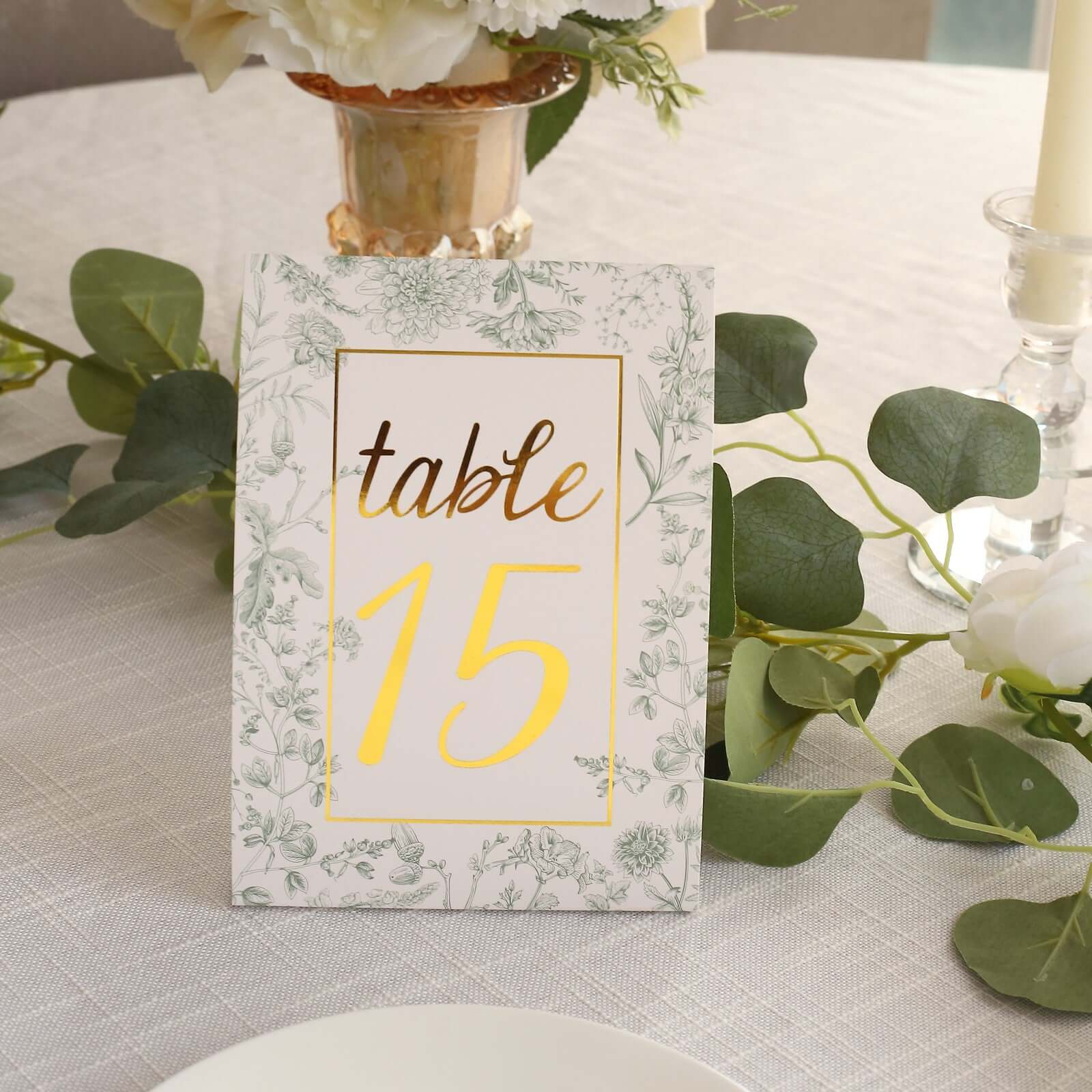 25-Pack Paper Wedding Table Numbers 1-25 White/Sage Green French Toile Design - Free Standing Double Sided Table Signs with Glam Gold Foil Numbers 7