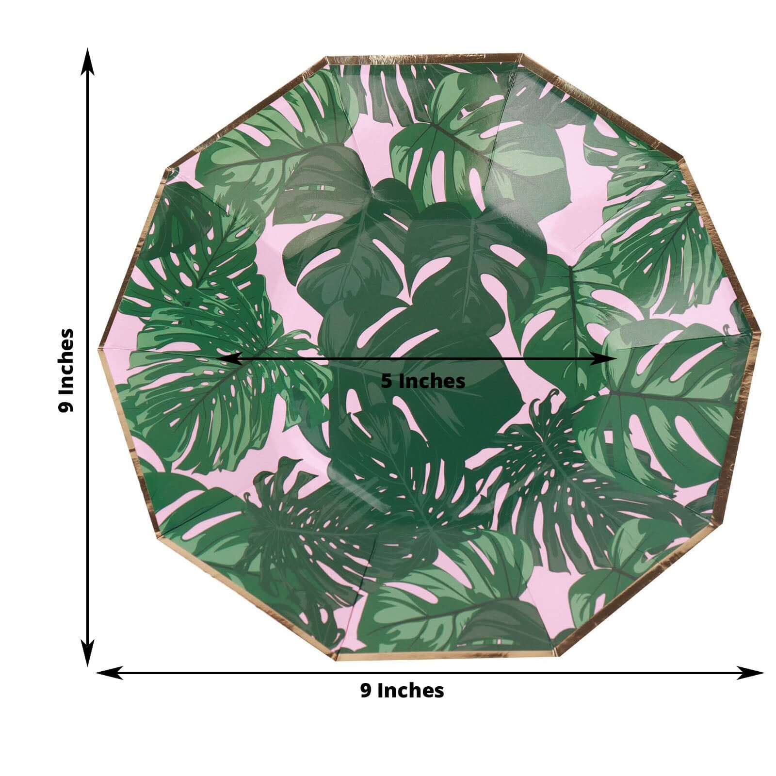 25-Pack Paper 9 Decagon Dinner Plates in Pink with Green Tropical Palm Leaves & Gold Rim - Disposable Geometric Party Plates for Luau & Summer Gatherings