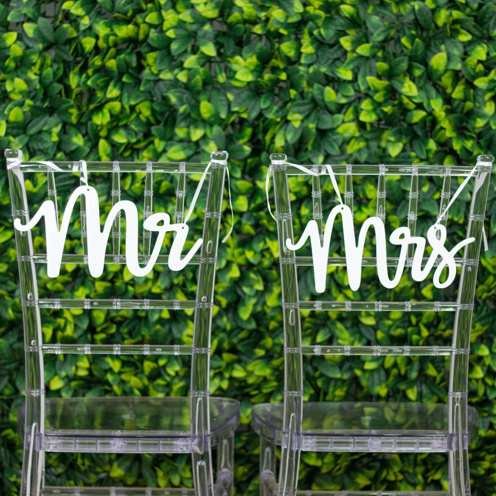 Set of 2 Wood Mr and Mrs Chair Signs White - Chic Calligraphy Wall Hanging Wedding Decor & Props 12x6