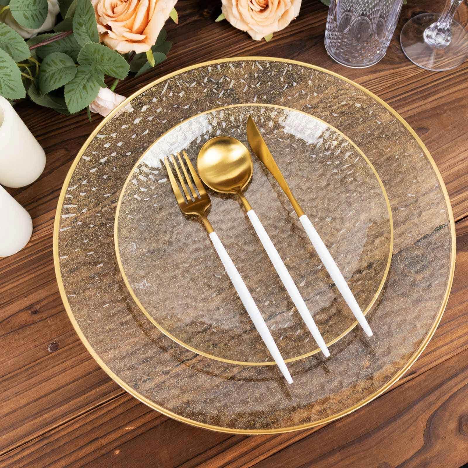 10-Pack Plastic 7 Round Dessert Appetizer Plates in Clear Gold Glittered Hammered Design with Gold Rim - Modern Disposable Salad Plates for Events & Banquets