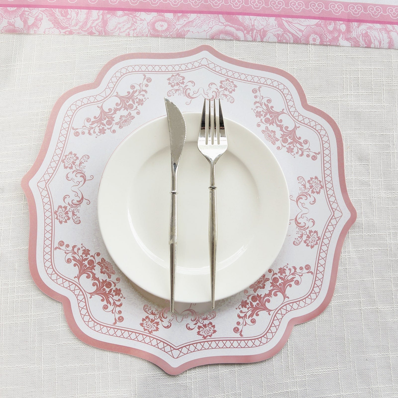 10-Pack Disposable Table Placemats 13 Round Placemats in White with Pink French Toile Pattern & Scalloped Rim - 400GSM Cardboard Placemats for Stylish Table Setting