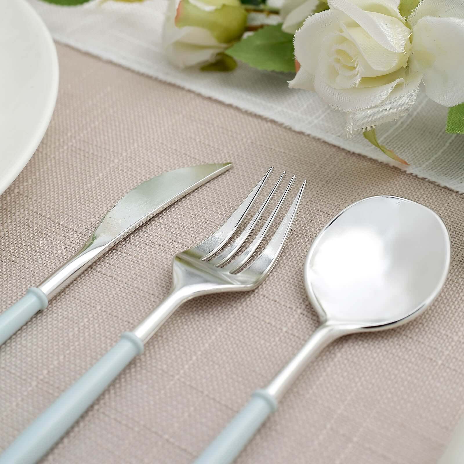 24-Pack Plastic Flatware Set in Silver with Light Blue Handle - Heavy Duty Disposable Modern Silverware 8