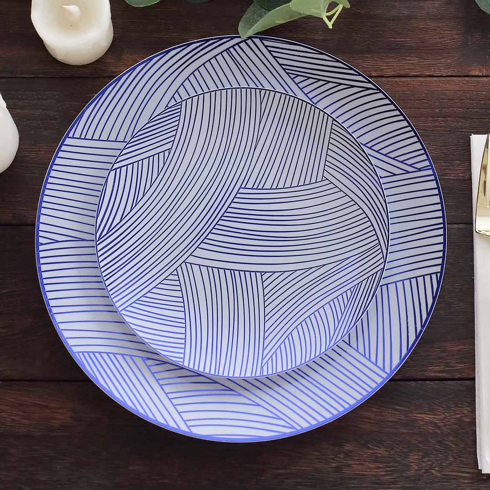 10-Pack Plastic 7 Round Dessert Plates in White with Blue Wave Brush Strokes Pattern - Disposable Appetizer Salad Plates