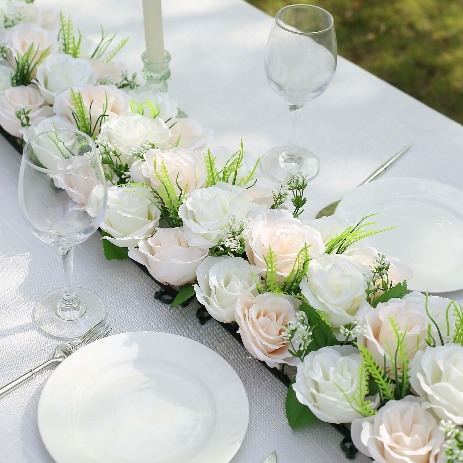 6 Pack Cream Ivory Silk Rose Flower Panel Table Runner, Artificial Floral Arrangements Wedding Table Centerpiece - 20x8