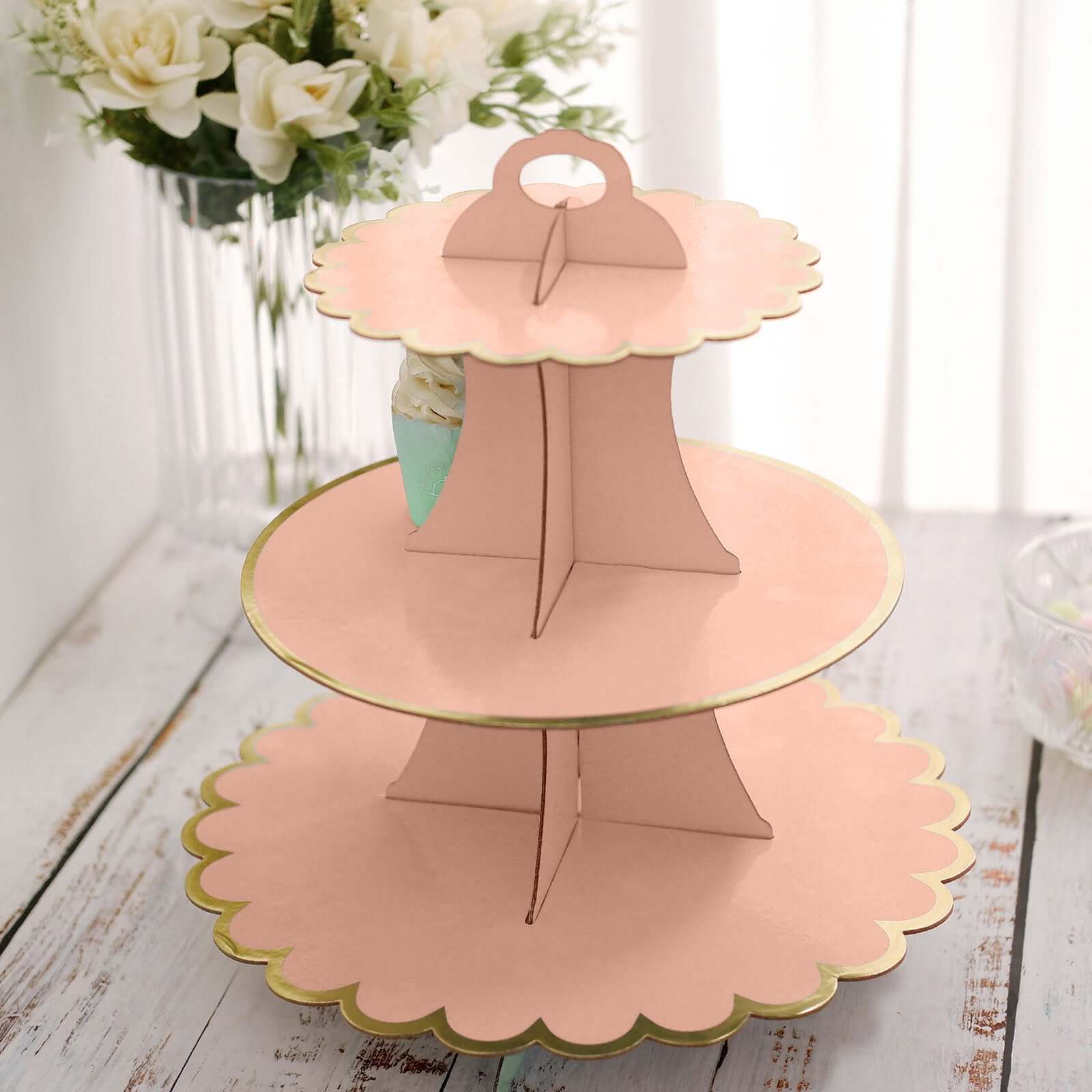 3-Tier Cardboard Cupcake Stand Blush - Sturdy & Collapsible Dessert Treat Tower with Gold Scalloped Rim for Baby Shower Wedding & Party Decor 13