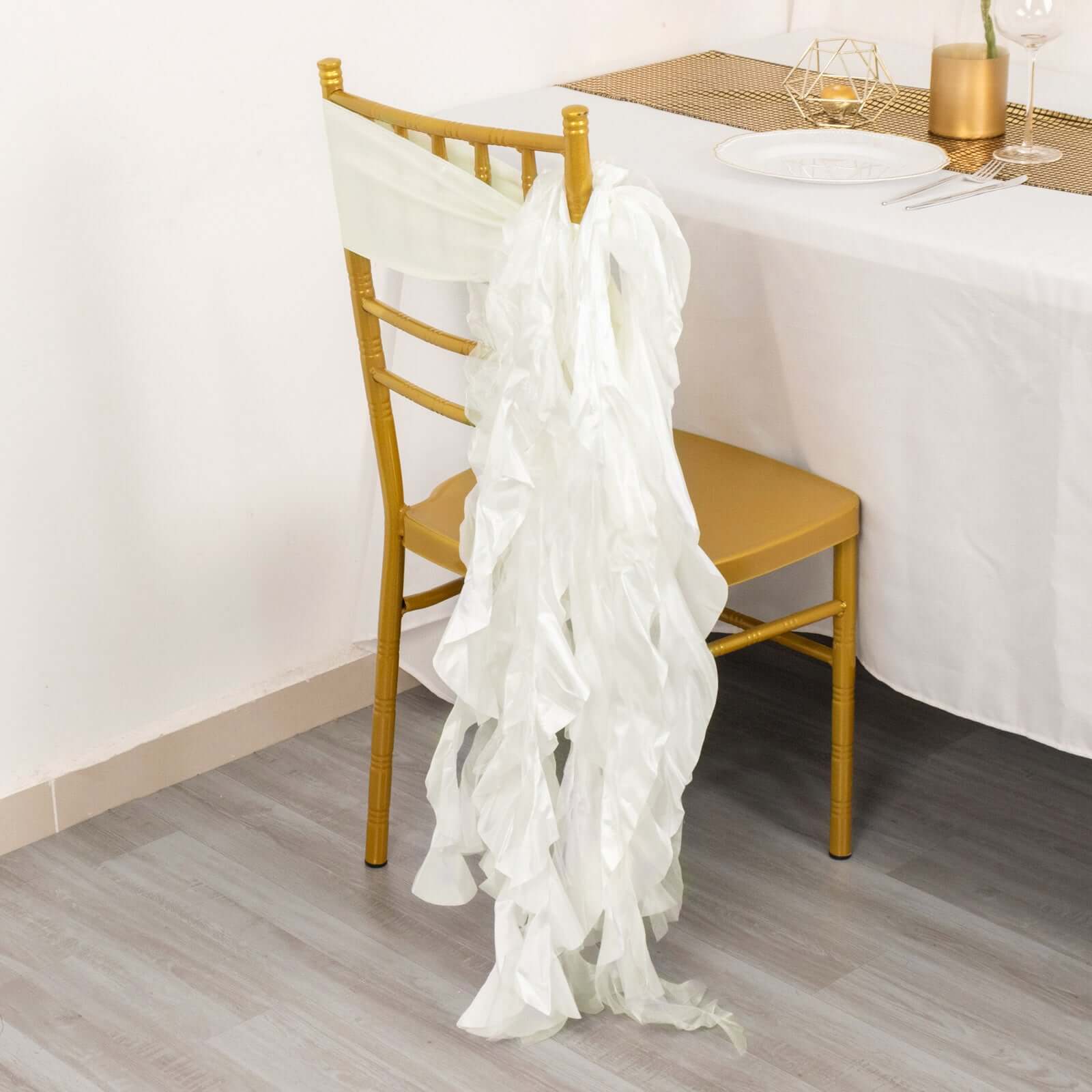 5 Pack Chiffon Satin Chair Sashes Ivory - Easy to Install Ruffled Curly Willow