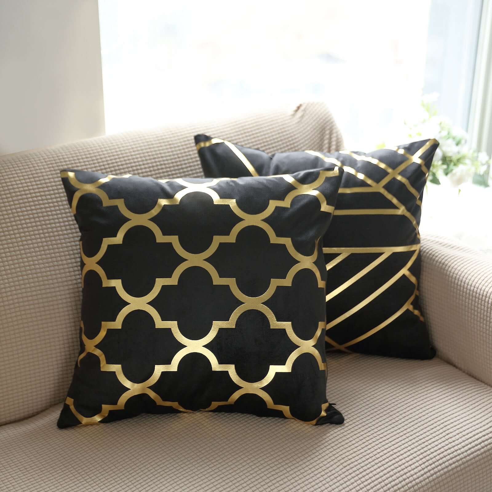 Set Of 4 18 Black Gold Foil Geometric Print Throw Pillow Covers, Velvet Square Sofa Cushion Covers