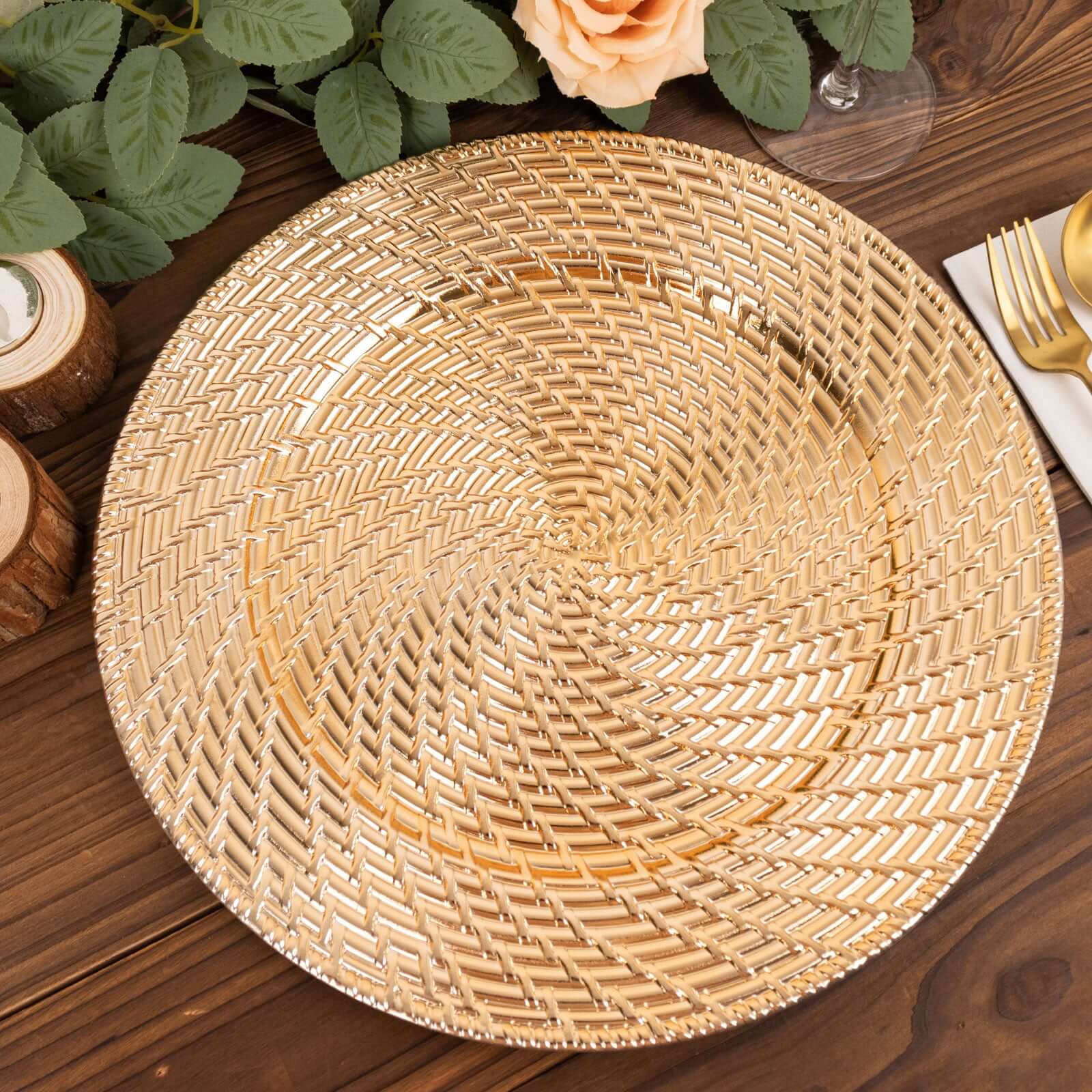 6-Pack Acrylic Round Charger Plates 13 in Metallic Gold with Swirl Rattan Pattern, Farmhouse Plastic Charger Tableware