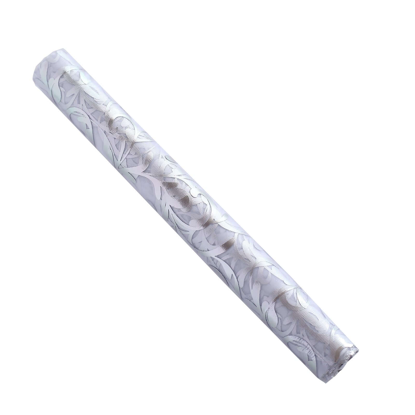 Sheer Organza 12x108 Table Runner Roll Metallic Silver Foil Embossed Floral Design - Stylish Event Decoration