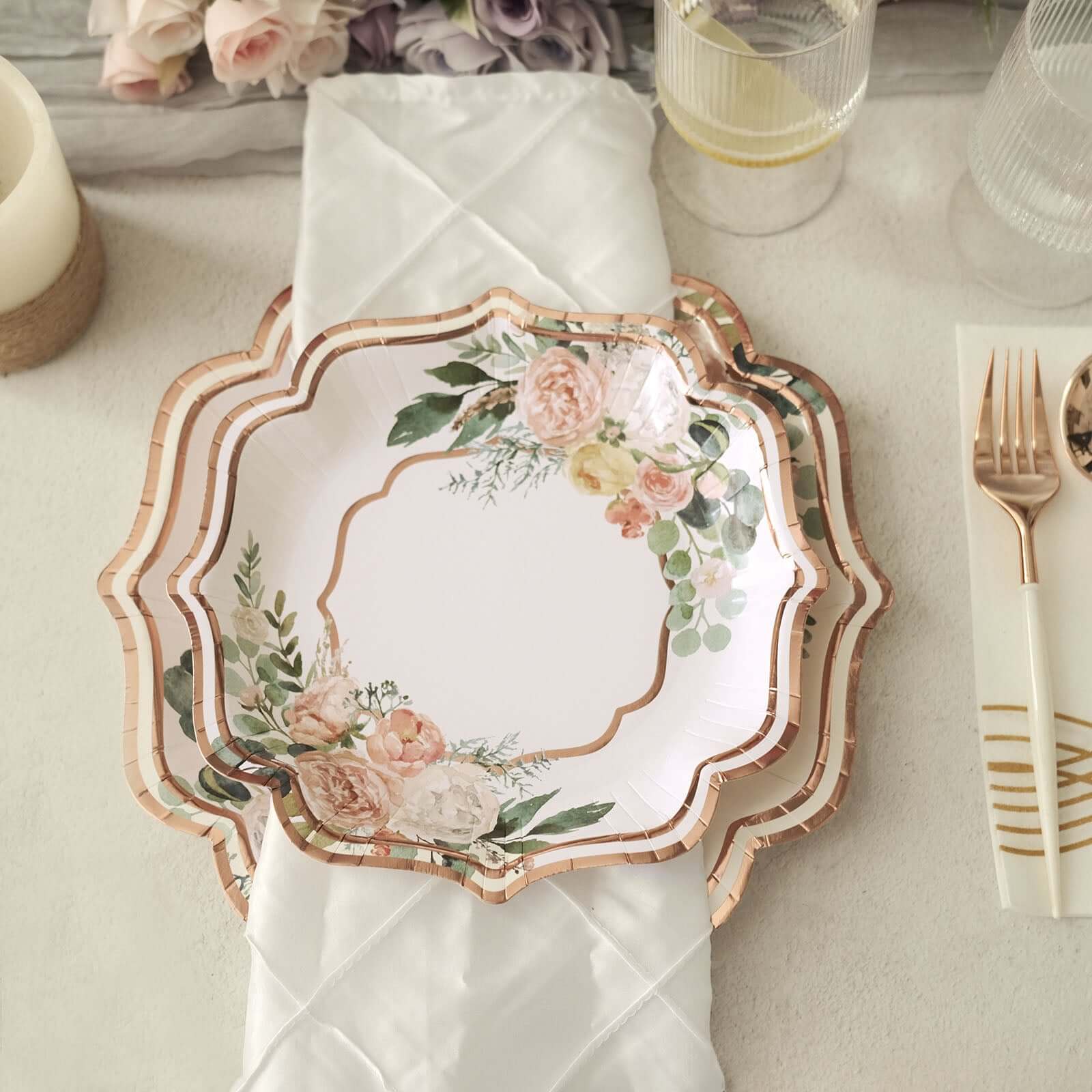 25-Pack Paper 8 Dessert Plates in White with Floral Print & Rose Gold Scallop Rim - Disposable 300GSM Appetizer Salad Plates