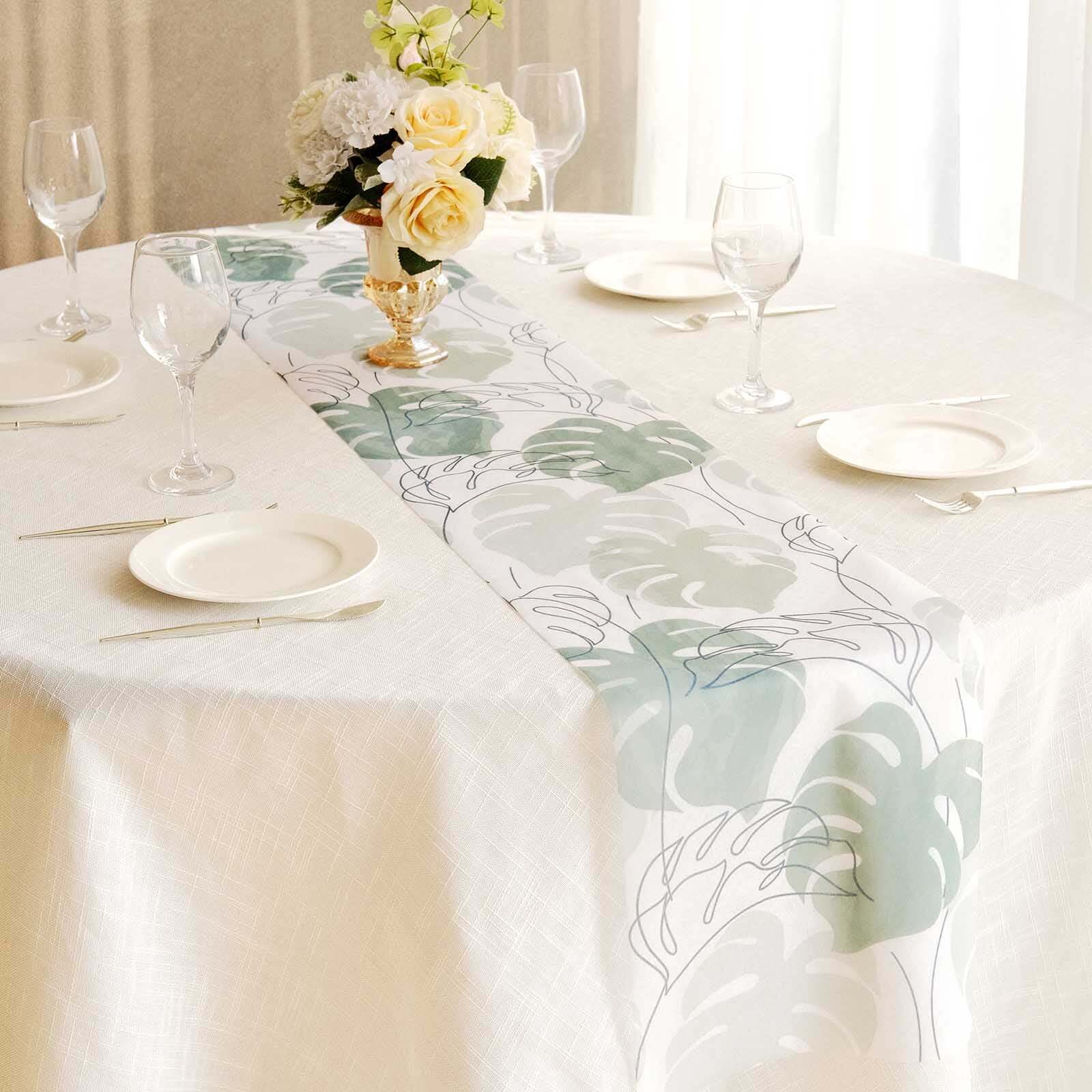 Disposable Table Runner 11x108 White with Green Monstera Palm Leaves Print - Non-woven Stylish Spring Summer Dining Decor