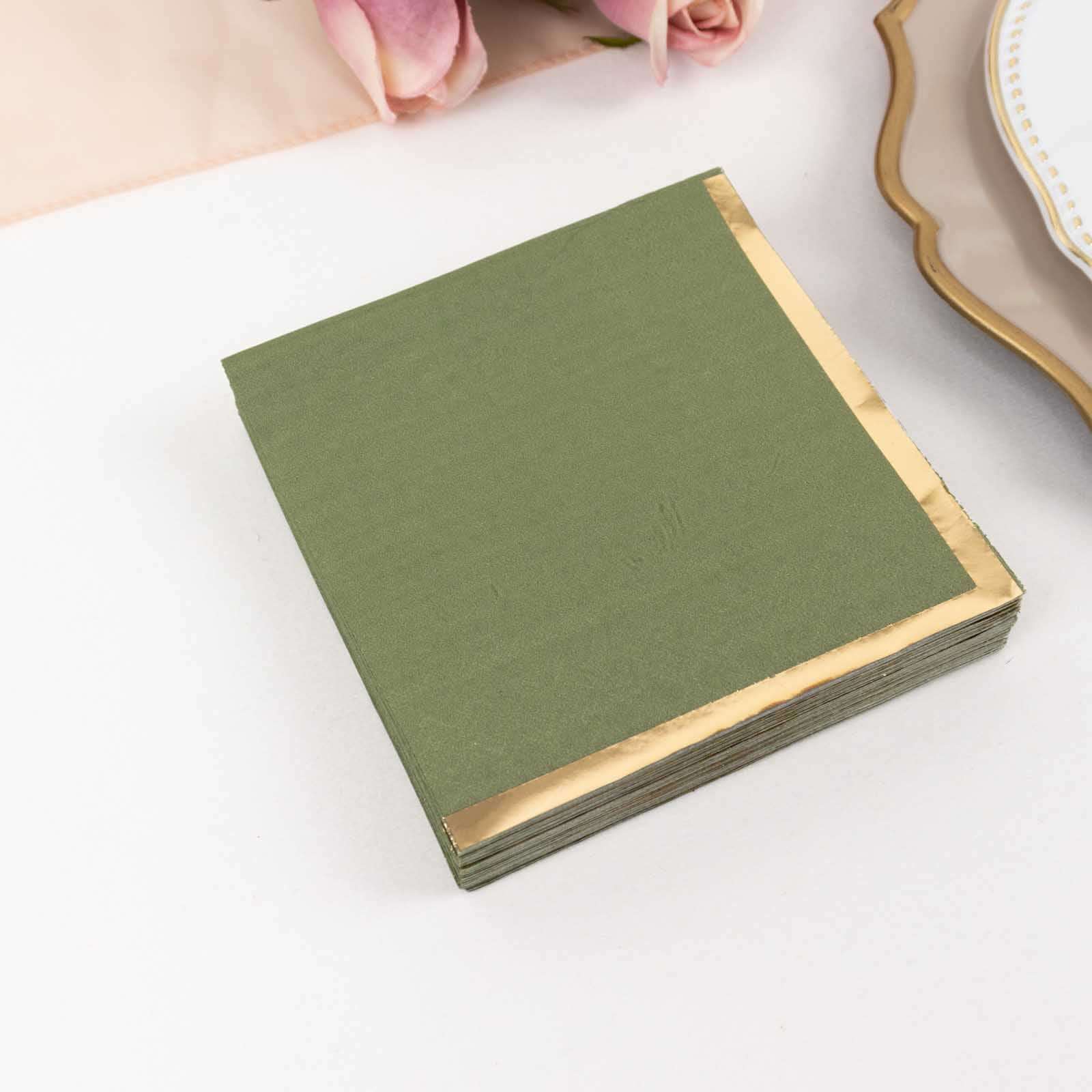 50-Pack Paper Beverage Napkins Olive Green with Gold Foil Edge - 2 Ply Disposable Soft 18GSM Cocktail Napkins 5x5