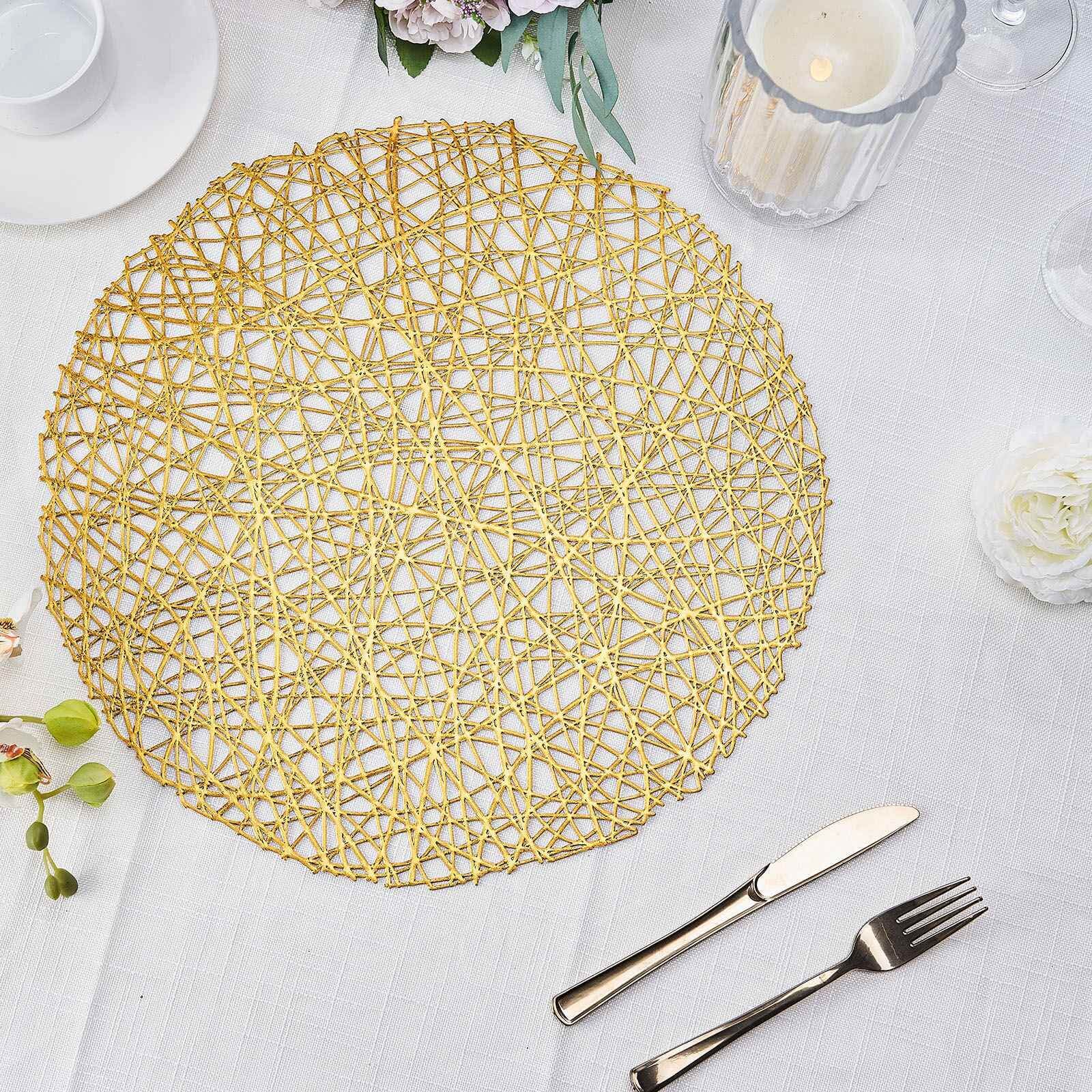 6-Pack Vinyl Placemats Gold Woven Design - Durable Non-Slip Round Table Mats for Dining 15