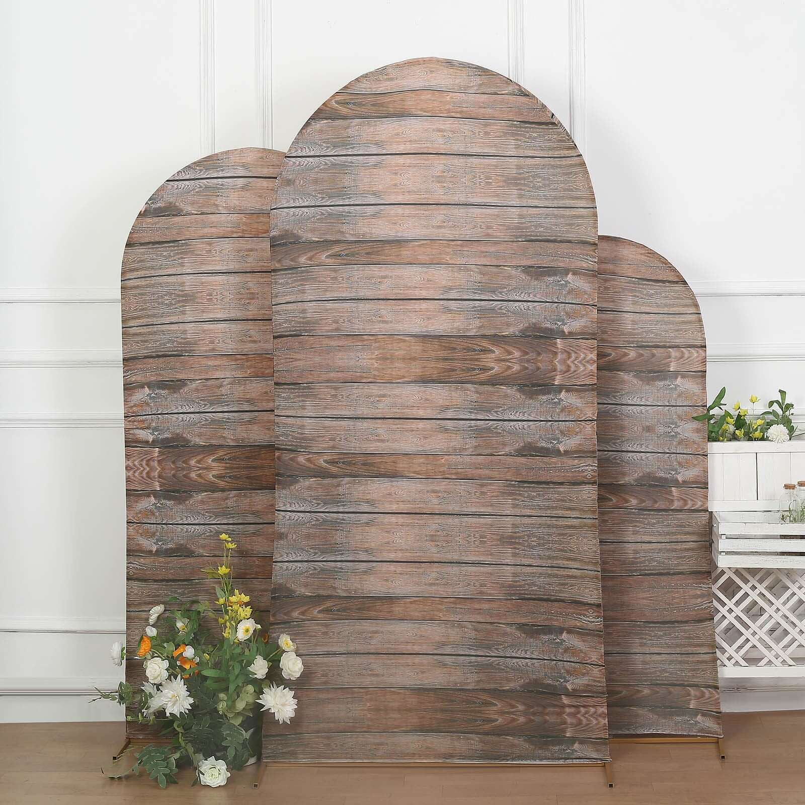 Set of 3 Brown Rustic Wood Plank Pattern Spandex Fitted Chiara Backdrop Stand Cover For Round Top Wedding Arch - 5ft, 6ft, 7ft