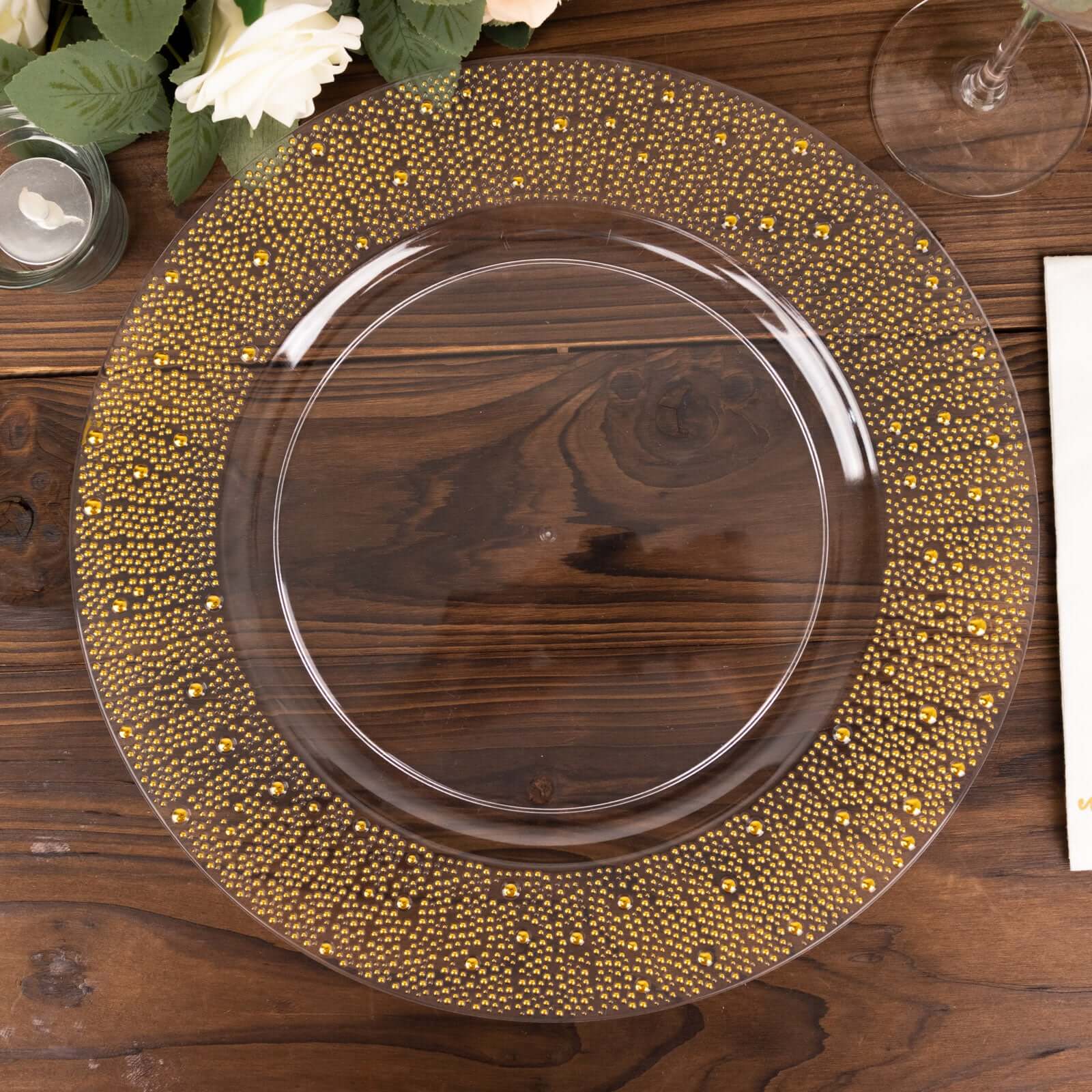 6-Pack Plastic Round Charger Plates 13 in Clear with Gold Pearl Beaded Rim, Upscale Dinner Serving Plates