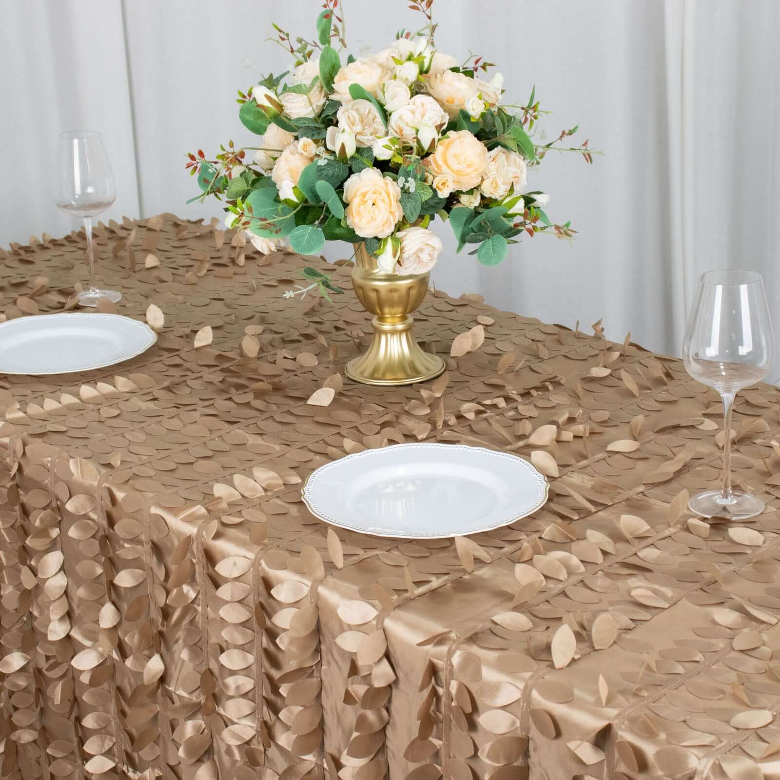 Taffeta 90x132 Rectangle Tablecloth Taupe | 3D Leaf Petal Design Seamless Table Cover