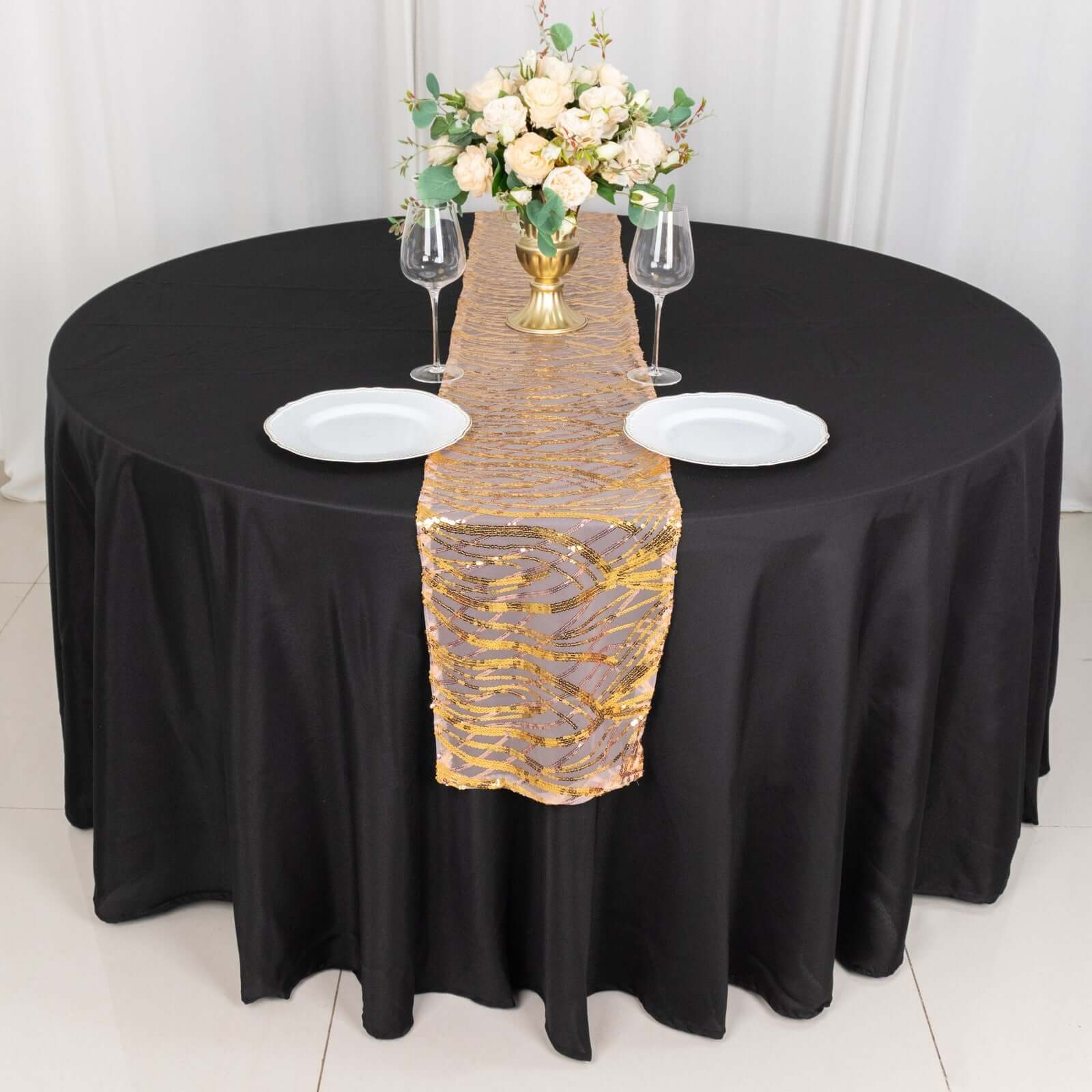 Sequin Mesh 12x108 Table Runner Rose Gold Stylish Wave Embroidery