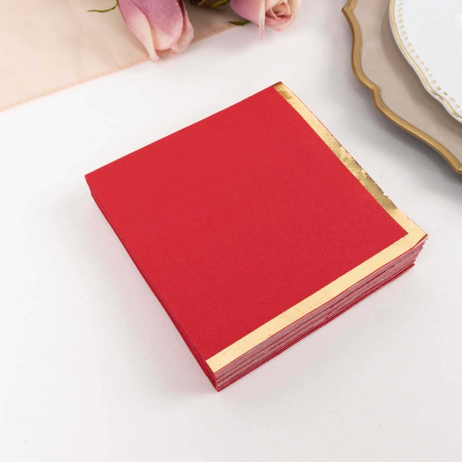 50-Pack Paper Beverage Napkins Red with Gold Foil Edge - 2 Ply Disposable Soft 18GSM Cocktail Napkins 5x5