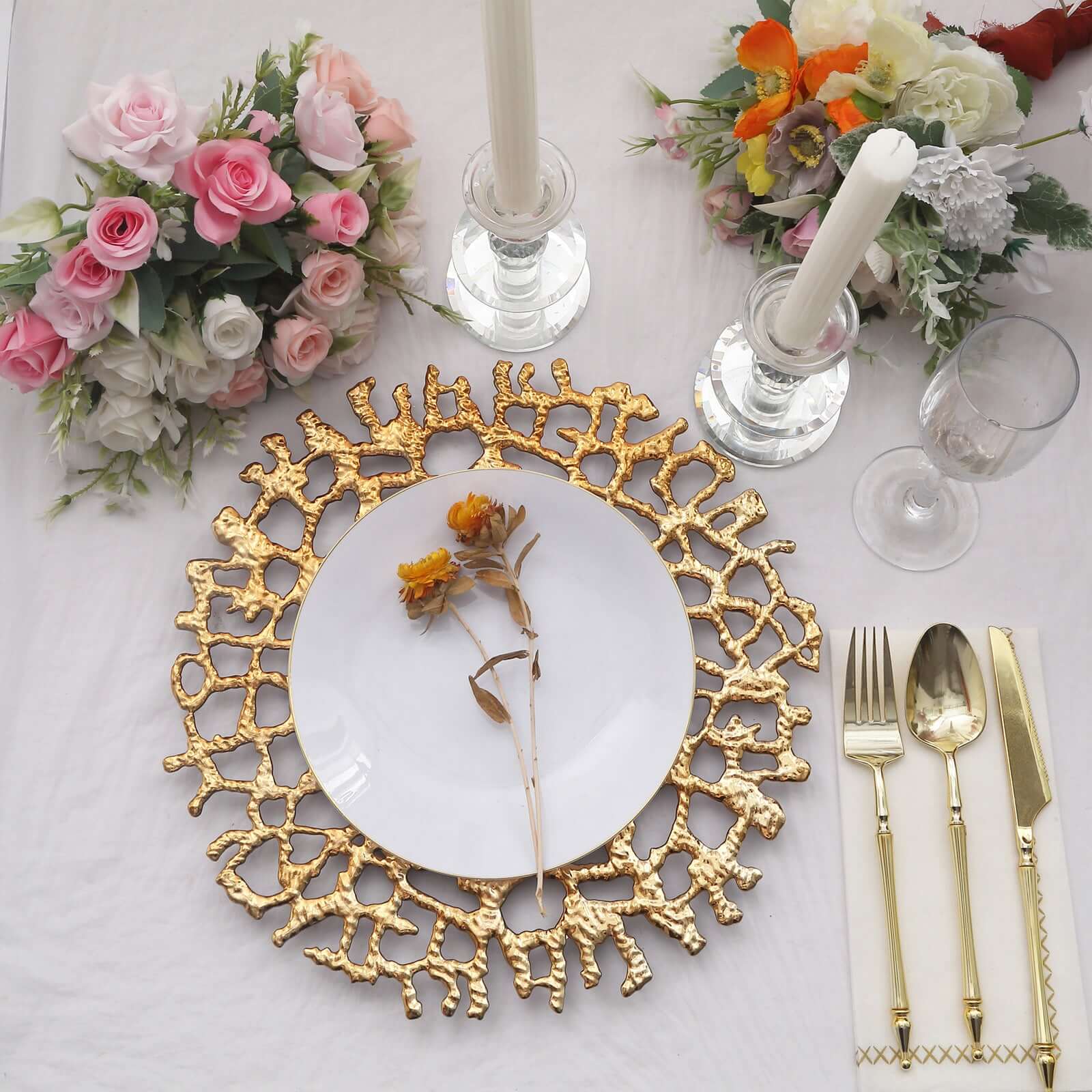 6-Pack Acrylic Round Charger Plates 13 in Gold with Molten Branch Design, Plastic Hollow Lace Decorative Dinner Party Charger Tableware