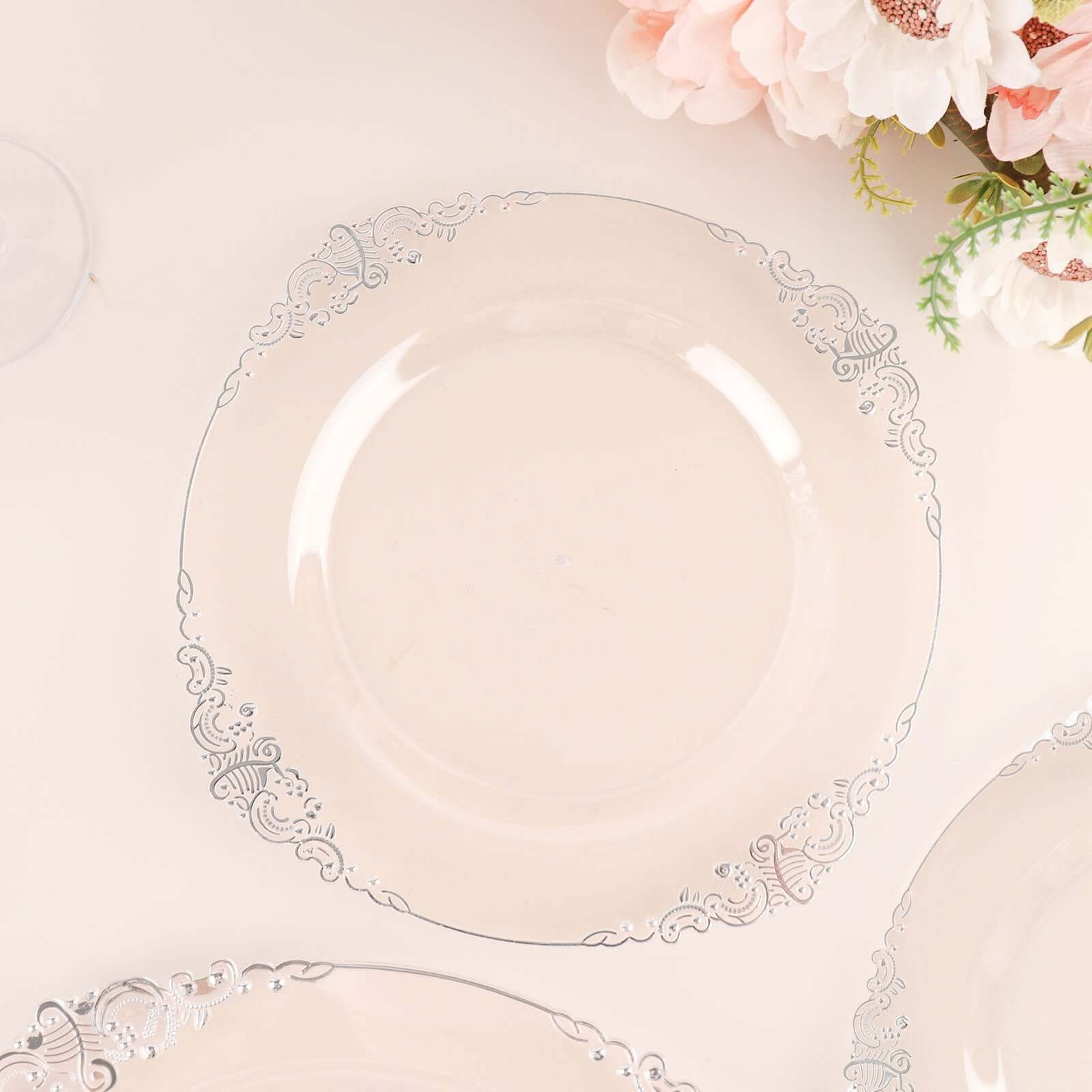 10-Pack Plastic 8 Round Dessert Plates in Clear with Silver Leaf Embossed Rim - Disposable Vintage Baroque Style Salad Plates