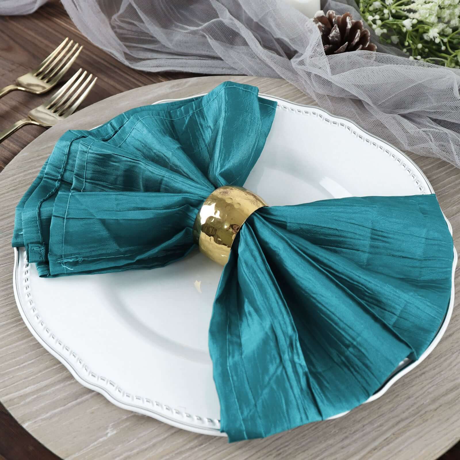 5 Pack Taffeta 20x20 Napkins Peacock Teal - Accordion Crinkle Dinner Napkins